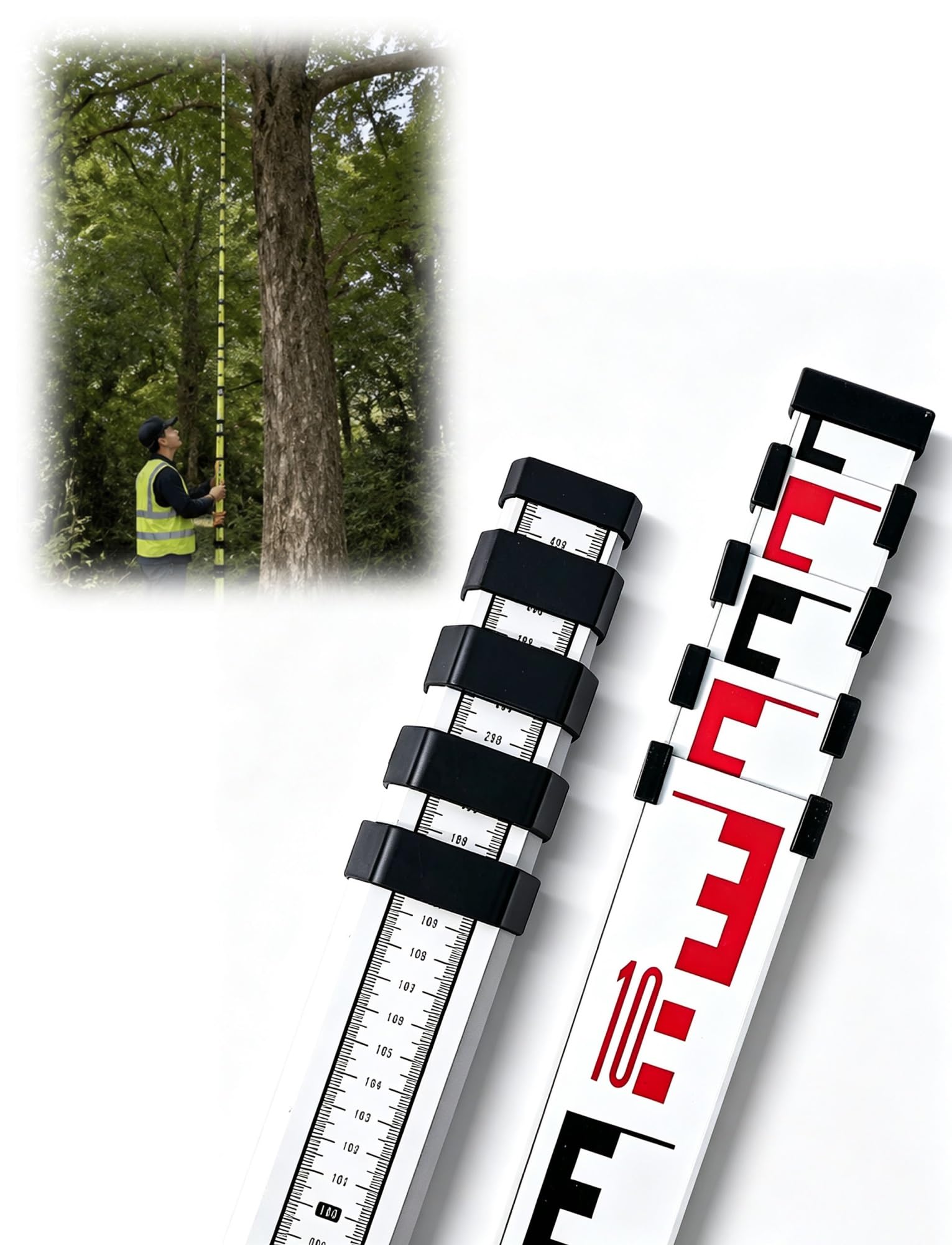 Vara de medición telescópica de Aluminio (10 m, Escala de 1 mm) para topografía y construcción.