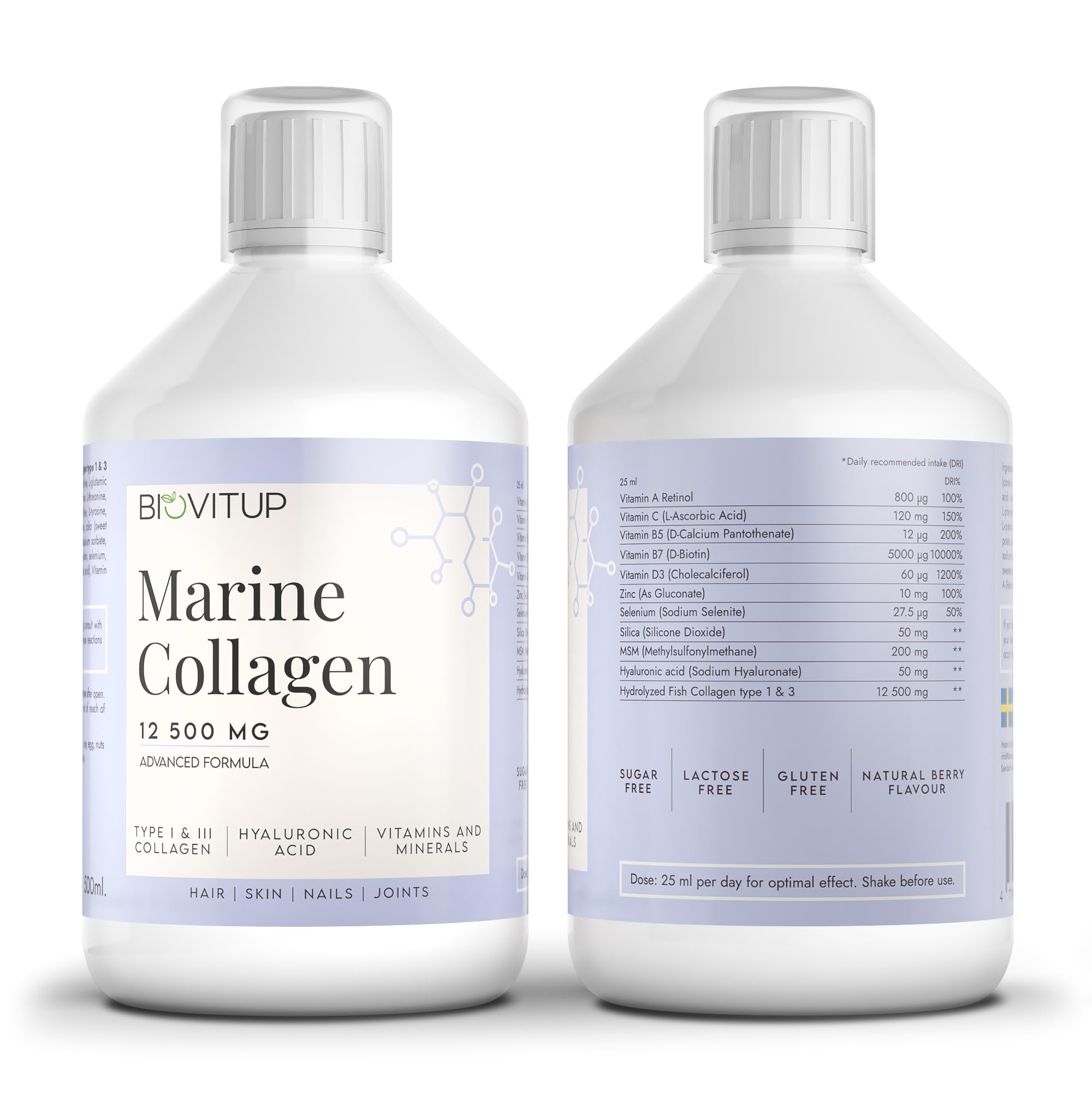 Marine Collagen 12500 mg – Flüssiges Meereskollagen mit Vitamin C, Hyaluronsäure, Biotin & Zink – Premium Kollagen Drink für Haut, Haare & Nägel – 500 ml