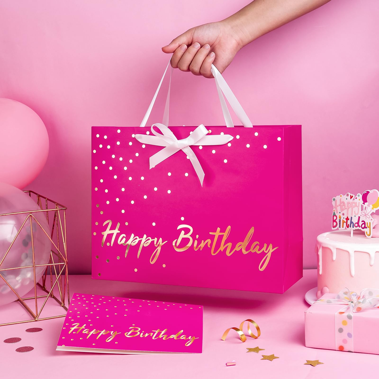 WRAPAHOLIC 13" Hot Pink Birthday Gift Bags with Tissue Paper and Card - Pink and Gold Foil Dots Bags for Girls Women Birthday Party Supplies