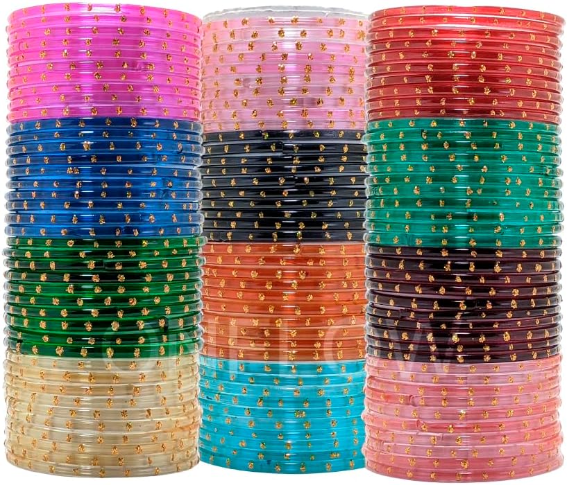 ONFLOW 12-Color Indian Glass Bangles Set for Women - Traditional Ethnic Bangles with Golden bindi Design - Stylish and Festive Accessories