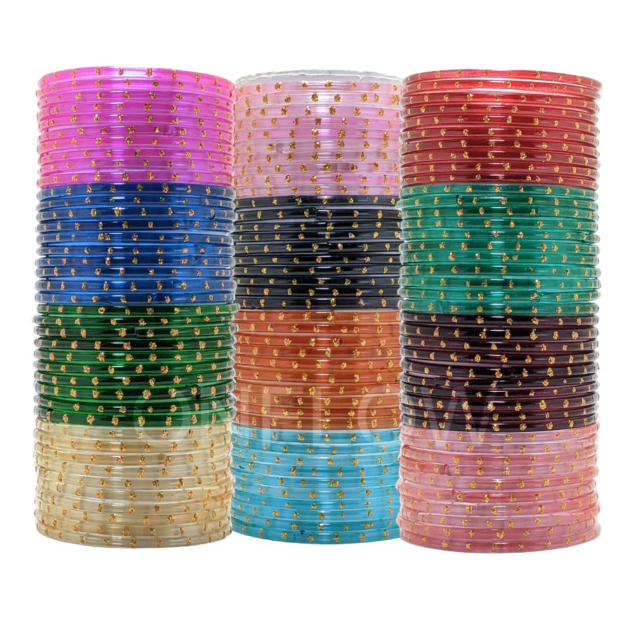 ONFLOW 12-Color Indian Glass Bangles Set for Women - Traditional Ethnic Bangles with Golden bindi Design - Stylish and Festive Accessories