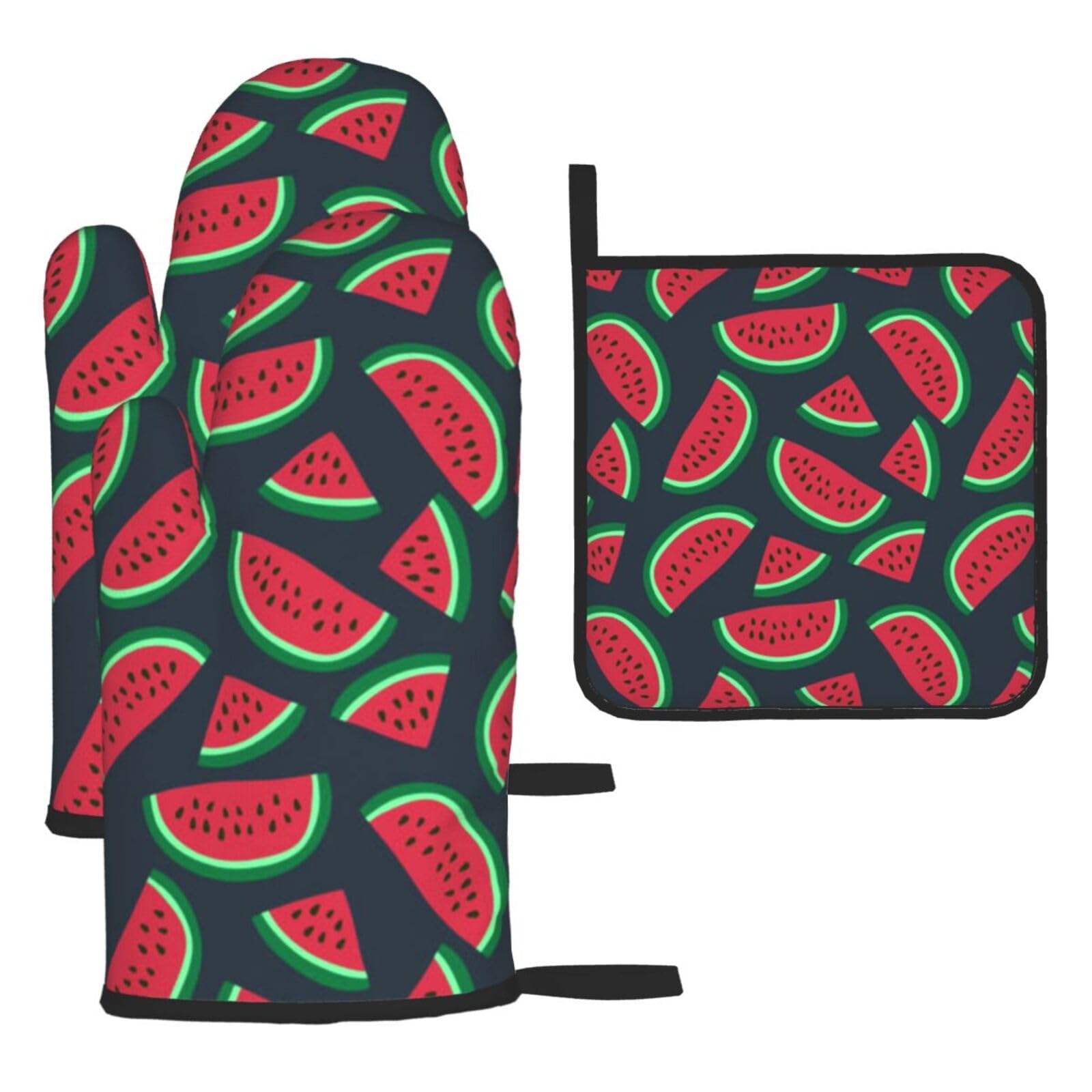 Red Watermelon Print Oven Set Kitchen Gloves Baking Grilling Microwaving Cooking Gift Everyday Holiday