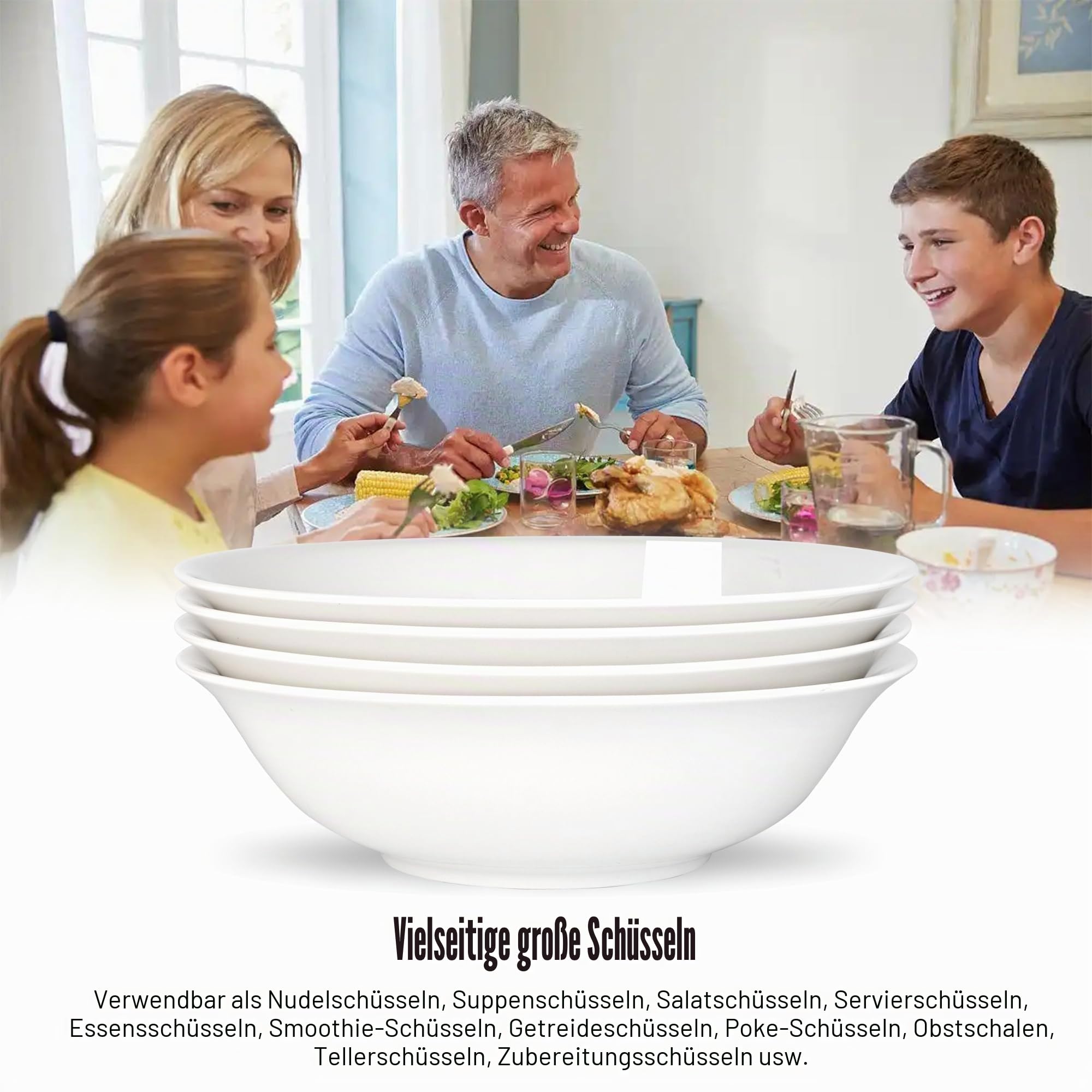 Suppenteller, 4Teilige 1.5L Tief Pastateller Salatschüssel, Groß Knochen porzellan Servier Schüssel Teller Set für Salat Pasta Eintopf Ramen Pho Obst, Weiß Keramik Schale Φ23.5cm