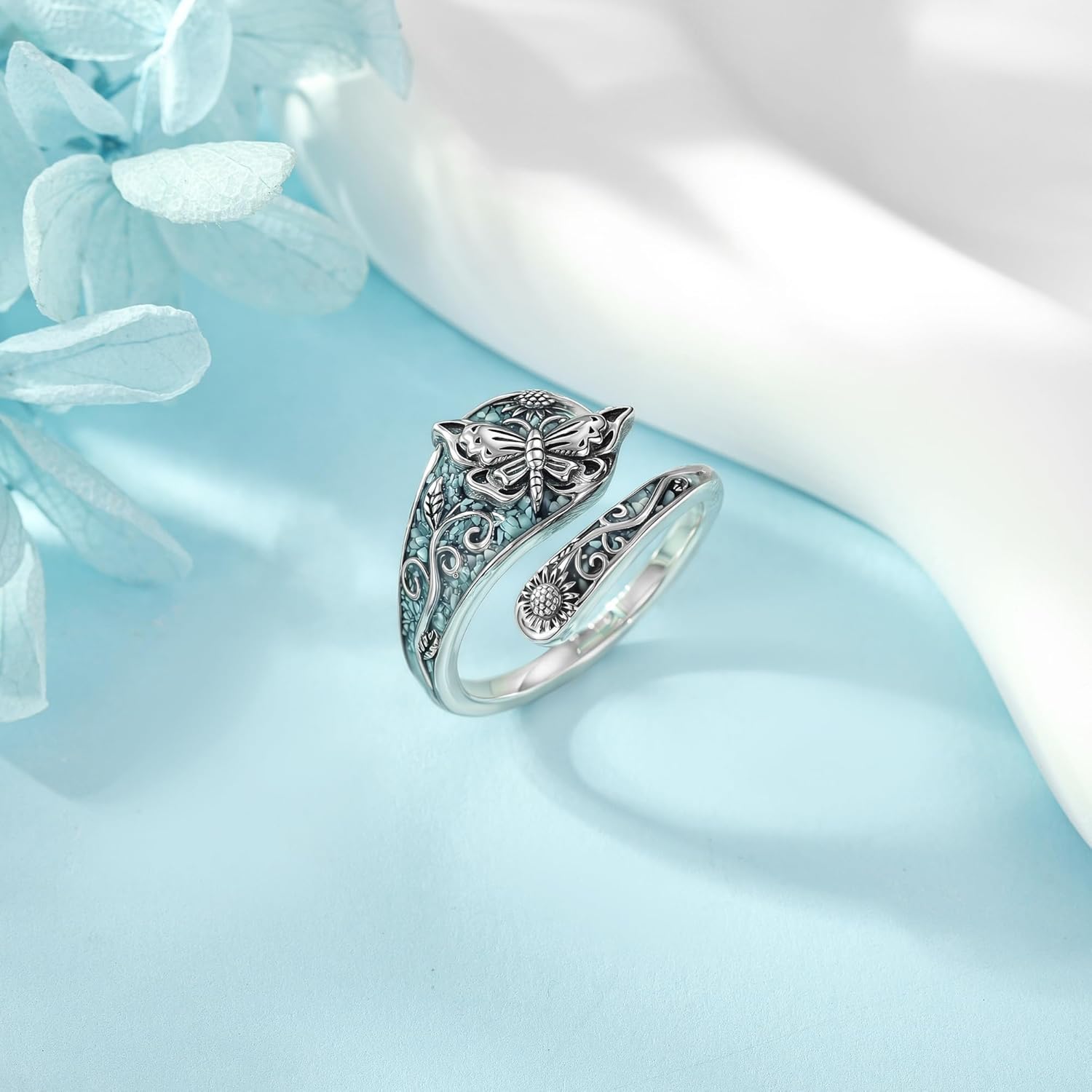 SNOWELLE Turquoise Spoon Rings S925 Sterling Silver Turquoise Adjustable Ring Jewelry Gift for Women Men - Image 2