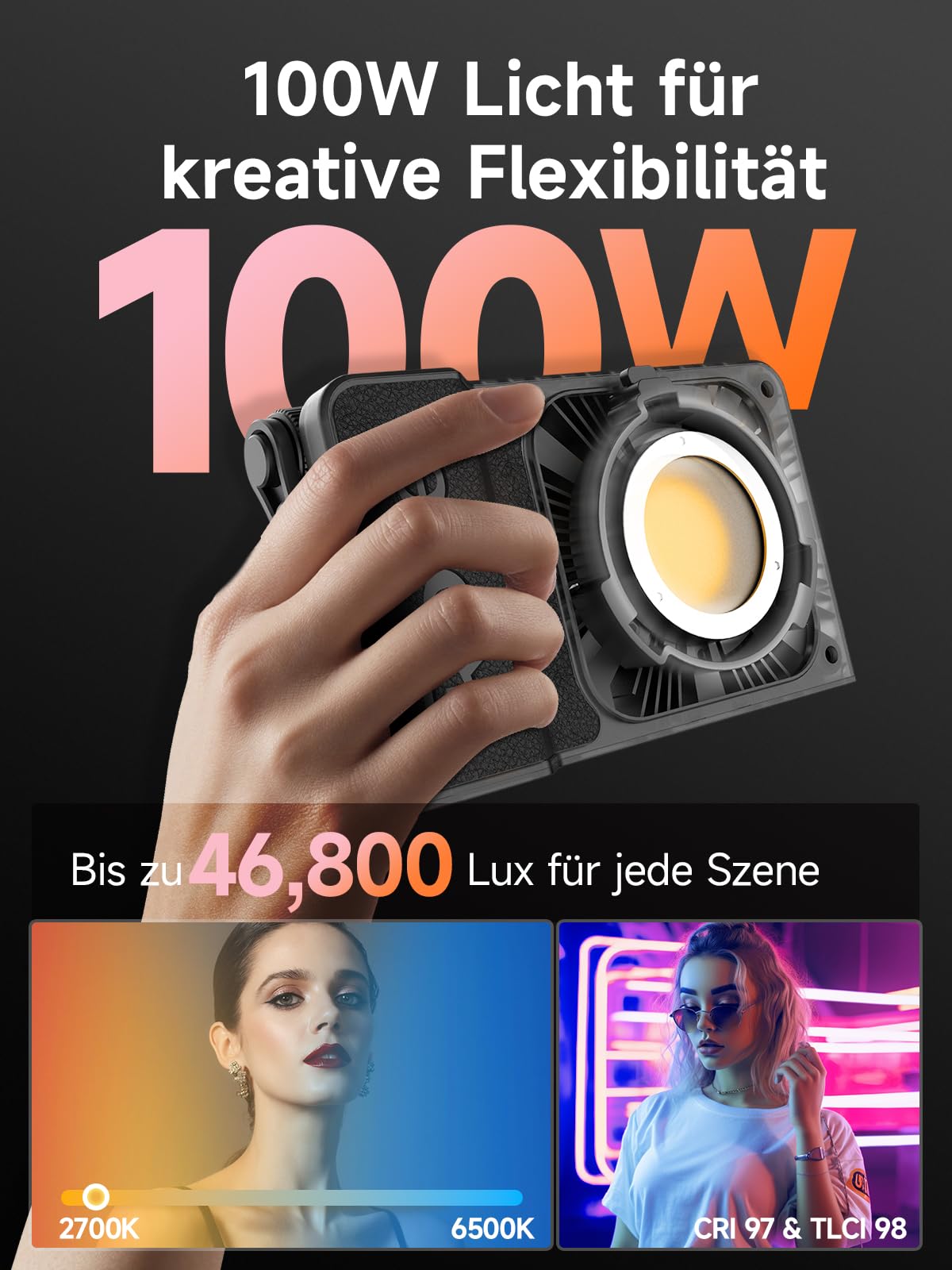 Rollei LUX 100W Bi-Color Professionelles LED-Dauerlicht Fotografie Candela-APP Smarte Bedienung, Fotolicht Ultraflach & Leicht | Duale Stromversorgung | Verstellbare Farbtemperatur 2700 – 6500K