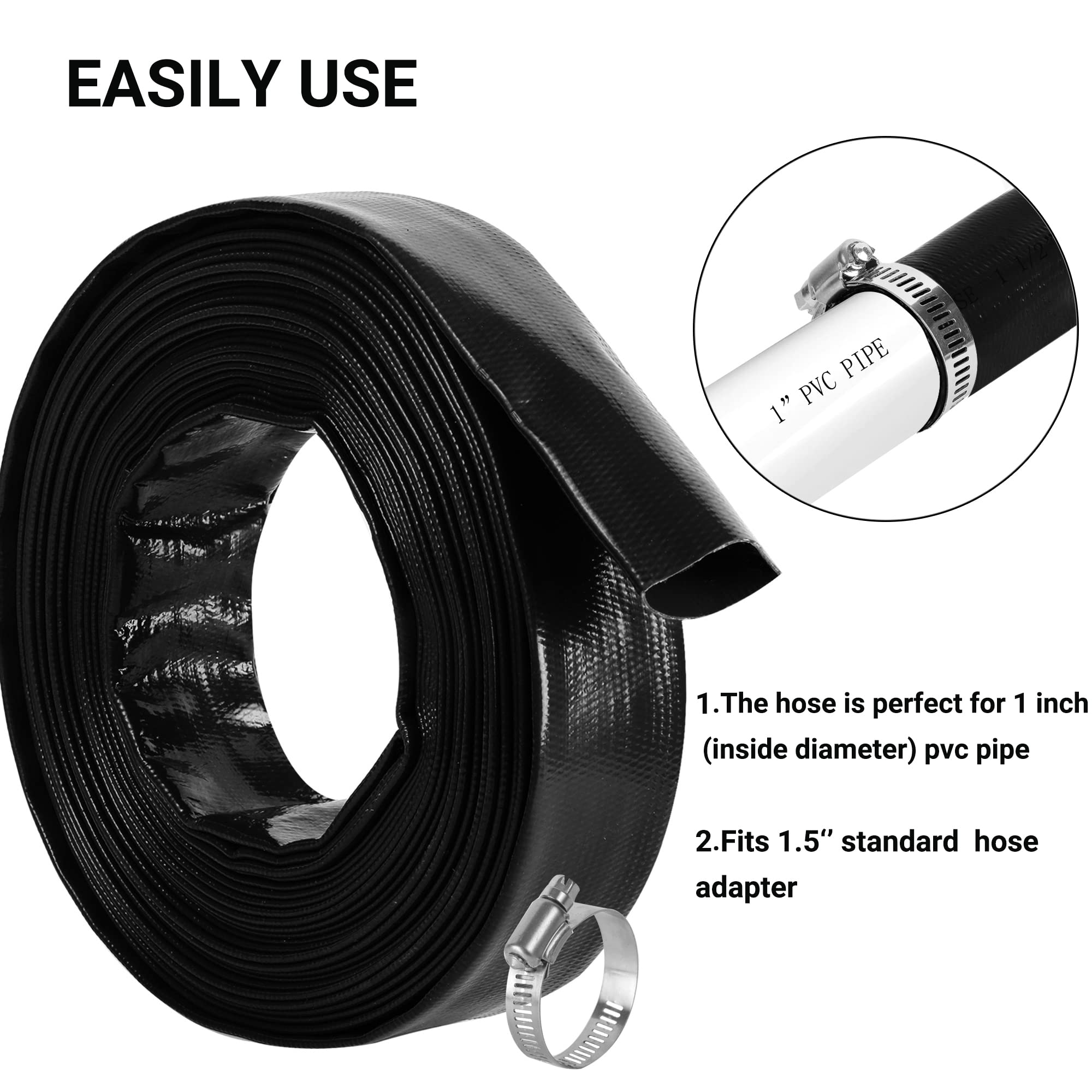 Manguera de lavado de piscina de 1-1/2 x 100 pies, manguera de descarga de agua plana de PVC reforzada resistente para bomba de filtro de piscina, con 1 abrazadera