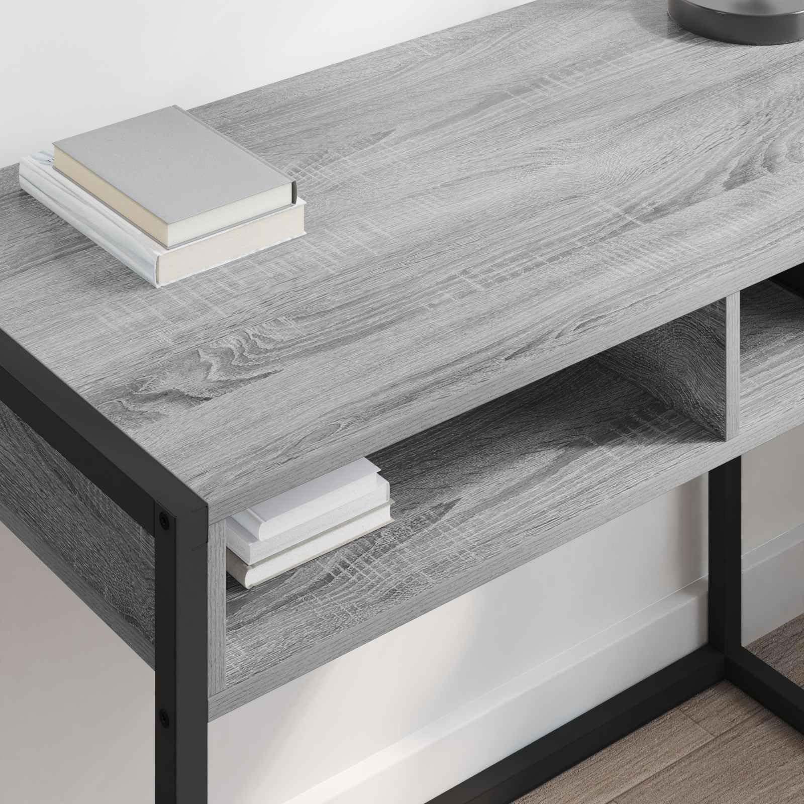 Scrivania grigio sonoma in legno ingegnerizzato 100 x 50 x 75 cm con struttura in acciaio stabile, tavolo lavoro per ufficio, studio, gaming, smartworking, casa, soggiorno