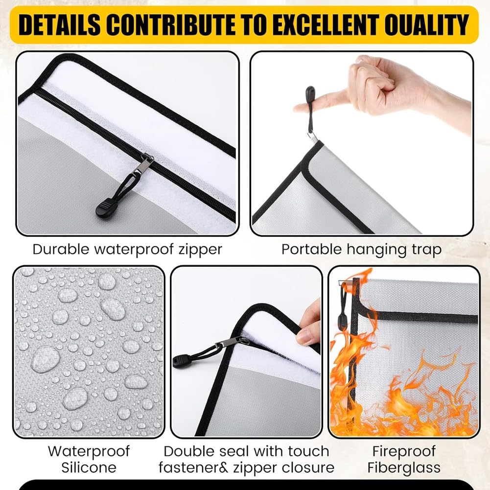 Borsa per Documenti Ignifuga e Impermeabile 15" X 11" (2000° F), Confezione da 3 con Zip, Protezione da e Acqua per Denaro, Contante e Passaporto.