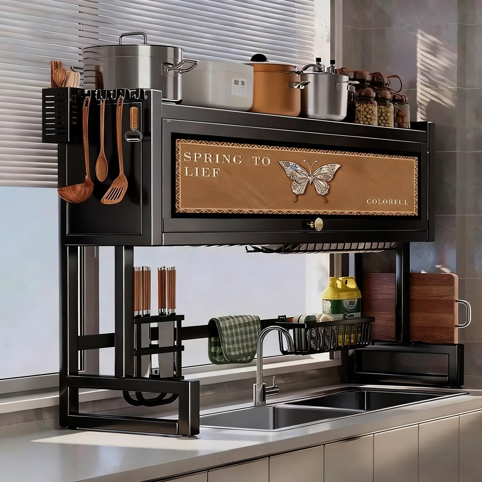 Escurridor de platos sobre el fregadero con tapa, soporte para utensilios que ahorra espacio para platos, vasos, cuencos y cubiertos, perfecto para cocinas pequeñas