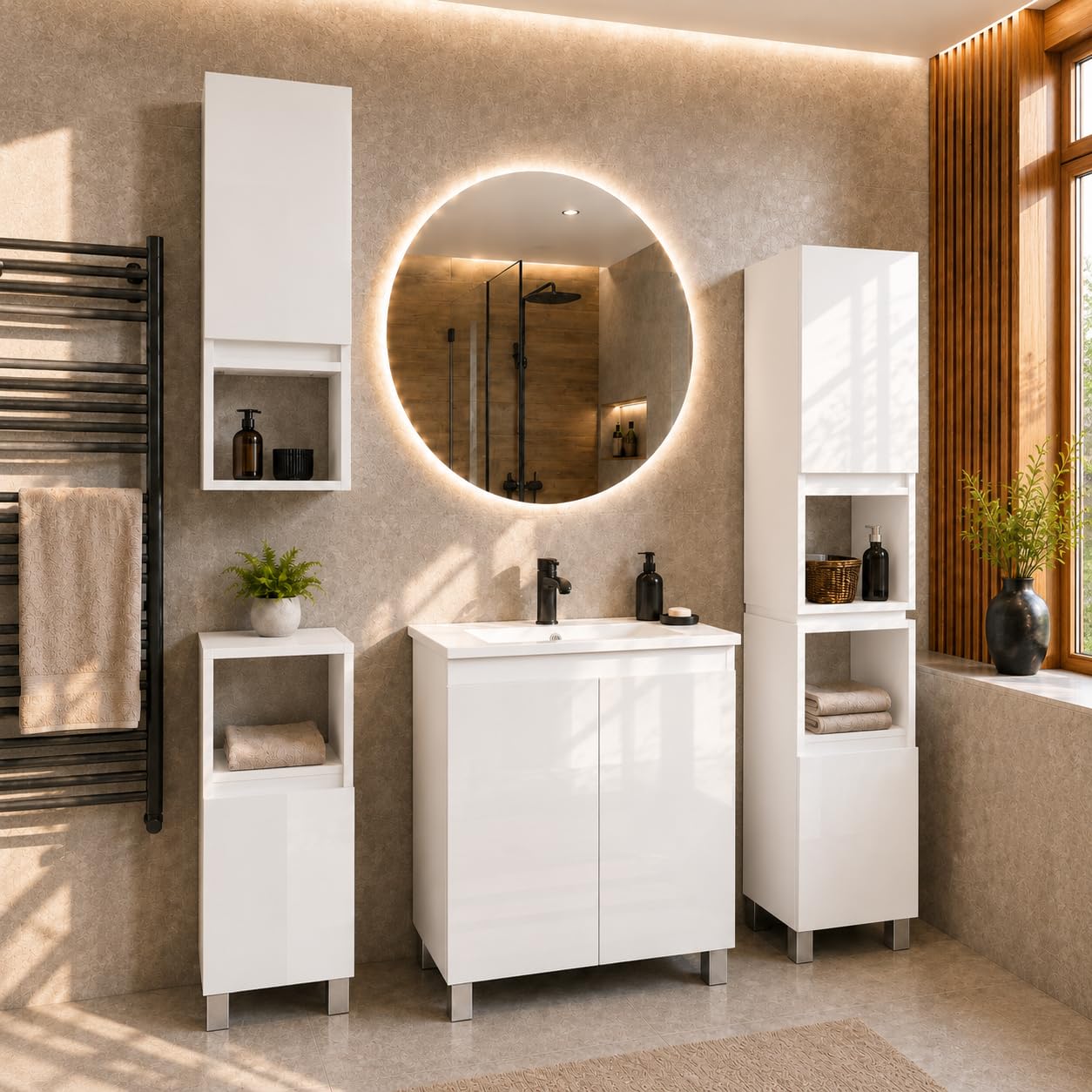 Badezimmerschrank Stehend Ariza, Hochglanz Weiß, MDF 18 mm, Soft-Close Türen, 6 Regale, 161 x 28 x 25 cm, Midischrank, Gäste WC & Bad für Kosmetik, Hängend, Links rechts