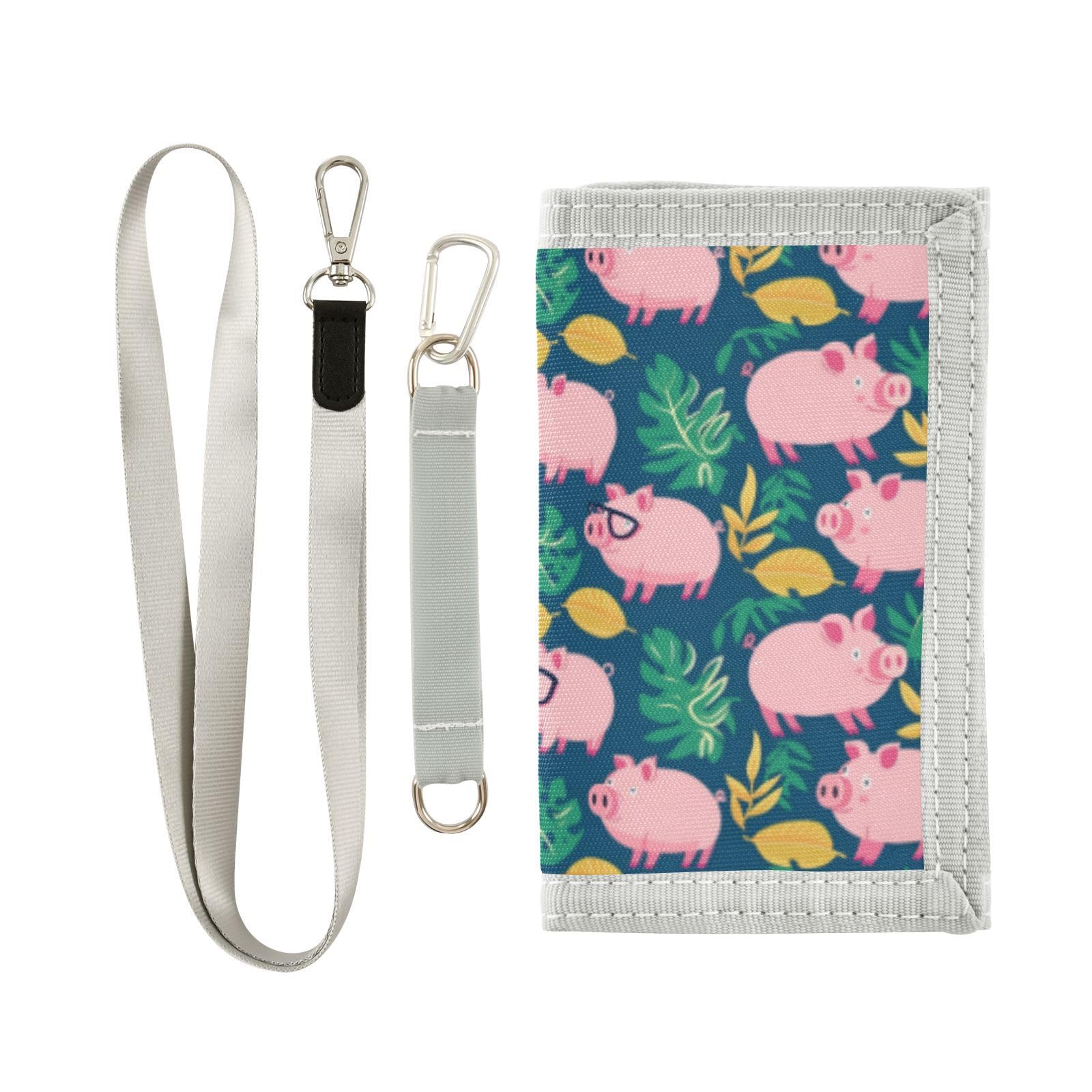 Wusikd Pink Cartoon Pigs Kids Wallet for Boys Girls Colorful Green Leaves Toddler Trifold Wallet Novelty Wallet for Teens Women Men