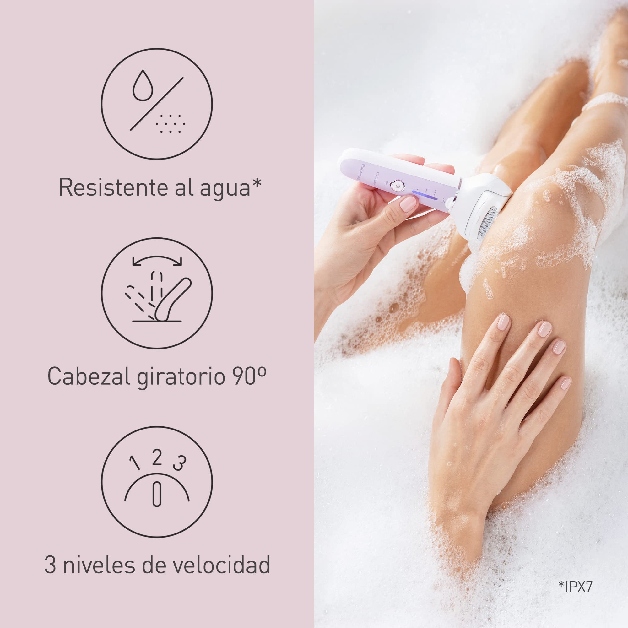 Panasonic ES-EY30-V503 Húmedo y Seco Depiladora, Doble Disco con 60 Pinzas, Flexible 90º Pivotante Cabeza, 3 velocidad Ajustes y LED Luz, 30 Minutos Operación Tiempo, Sin Cable, Cabello Removedor