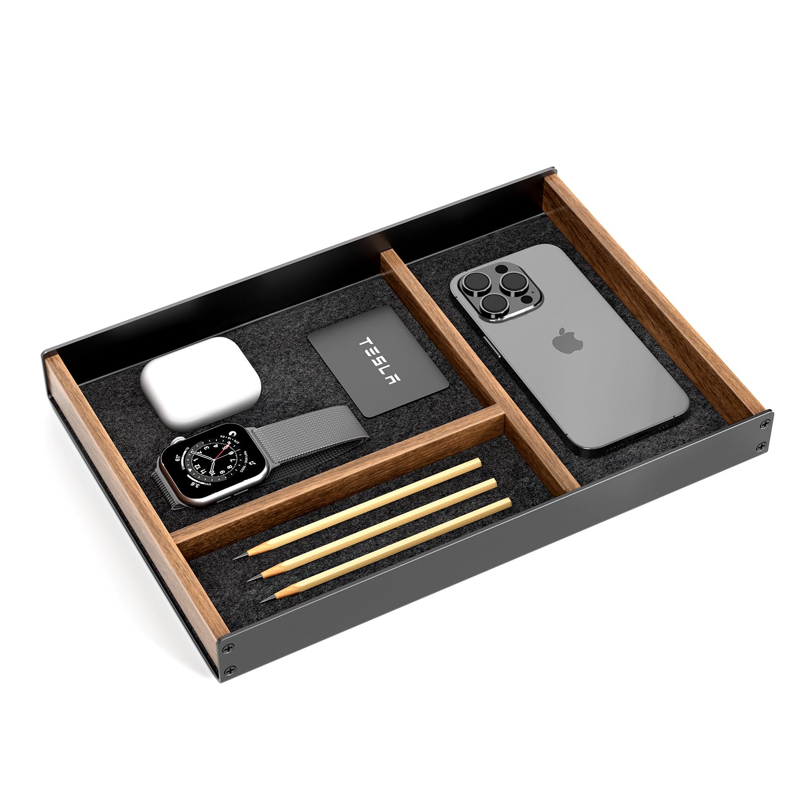 UPERGO Modern Minimalist Walnut Brown with Black Velvet Lining Multi-Purpose Organizer Tray for Daily Essentials, Desk and Nightstand Use