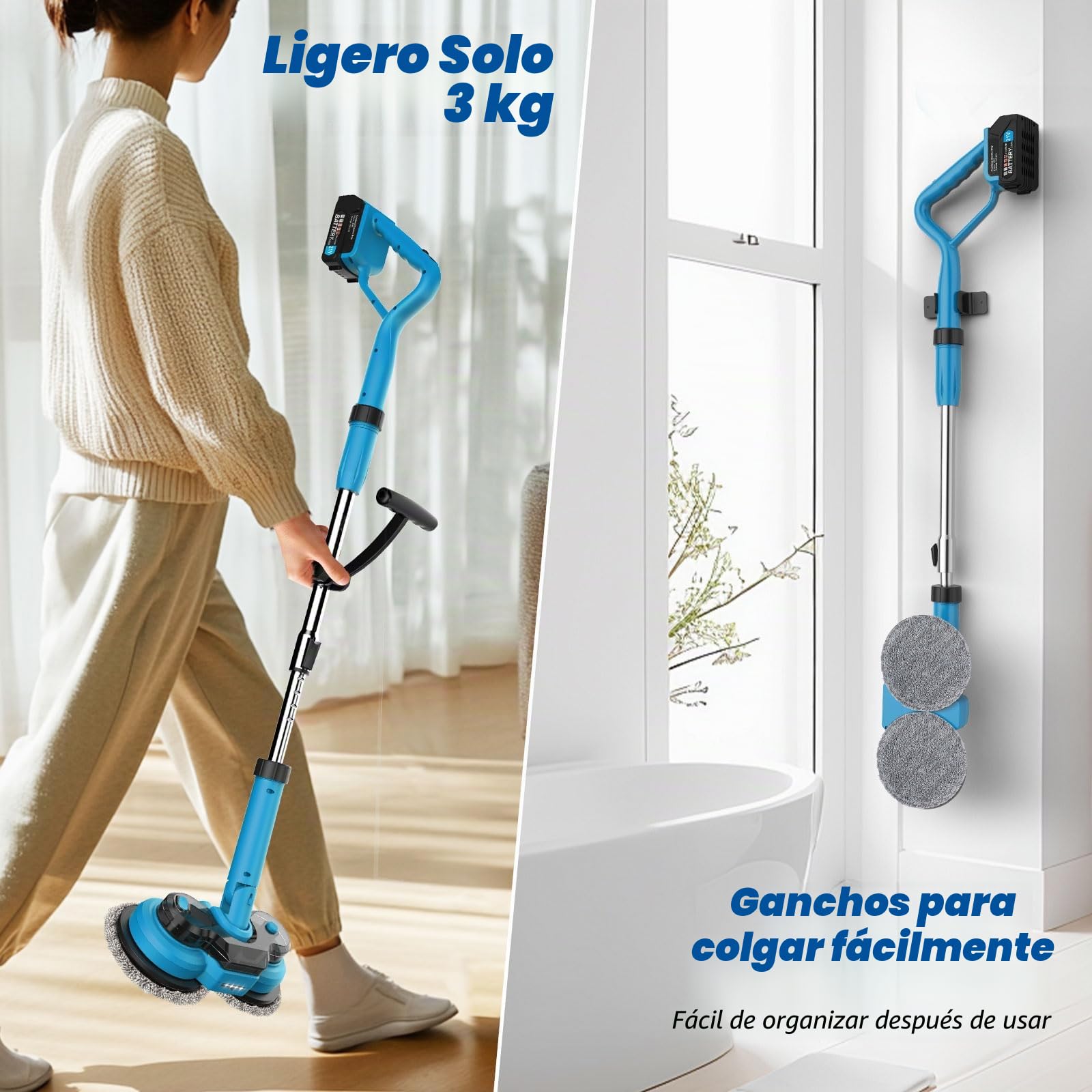 Mopa eléctrica inalámbrica con 2 Baterías de 2000 mAh, Fregona giratoria eléctrica for limpieza de pisos, con luz LED y depósito de agua de 300 ml y aspersor, fregona para suelos de mármol madera dura