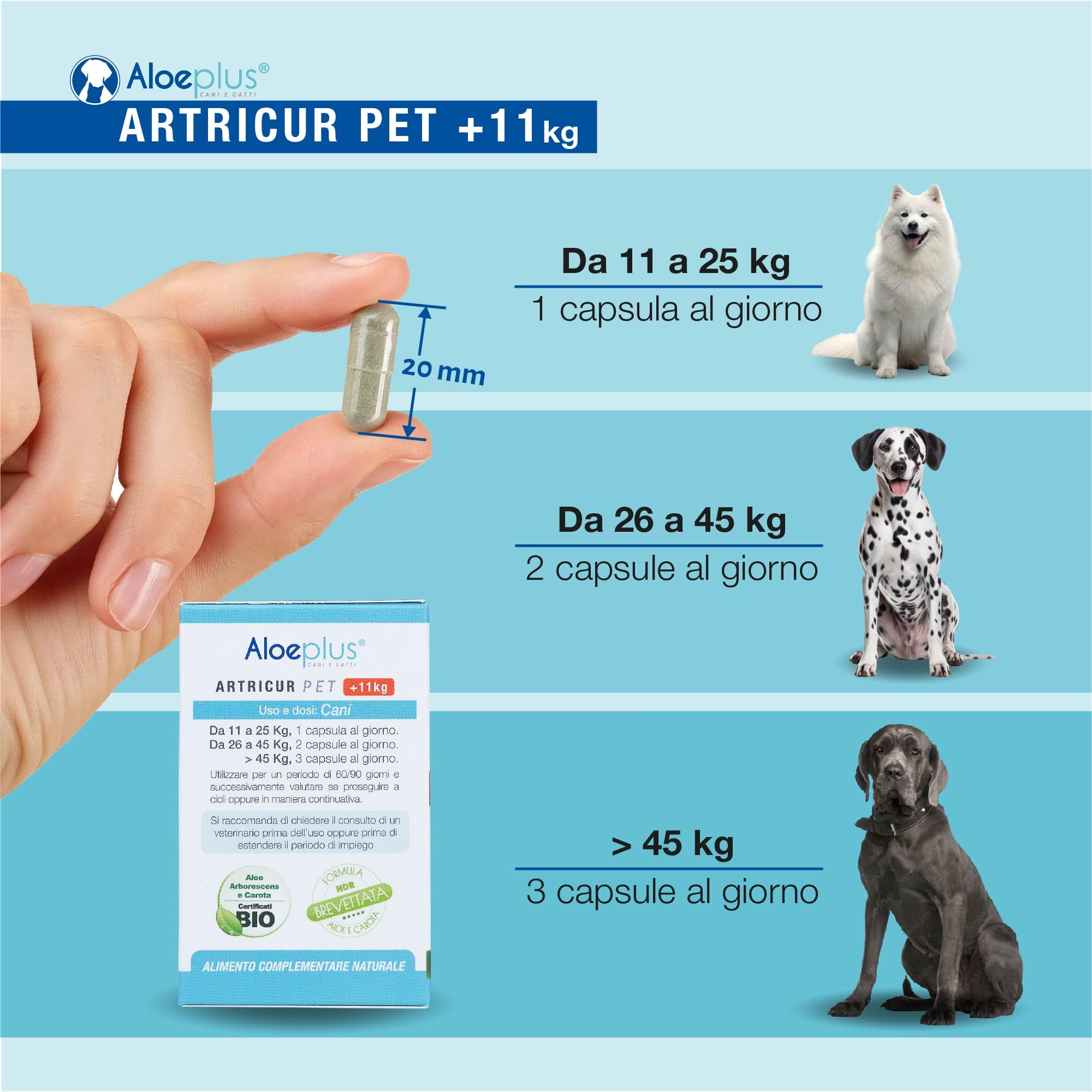 ALOEPLUS Artricur Pet Integratore Articolazioni Cane 11+ Kg - 100% Naturale con Aloe Arborescens BIO, Spirulina, Boswellia e Artiglio del Diavolo, Rinforza e Protegge le Articolazioni, 60 Capsule