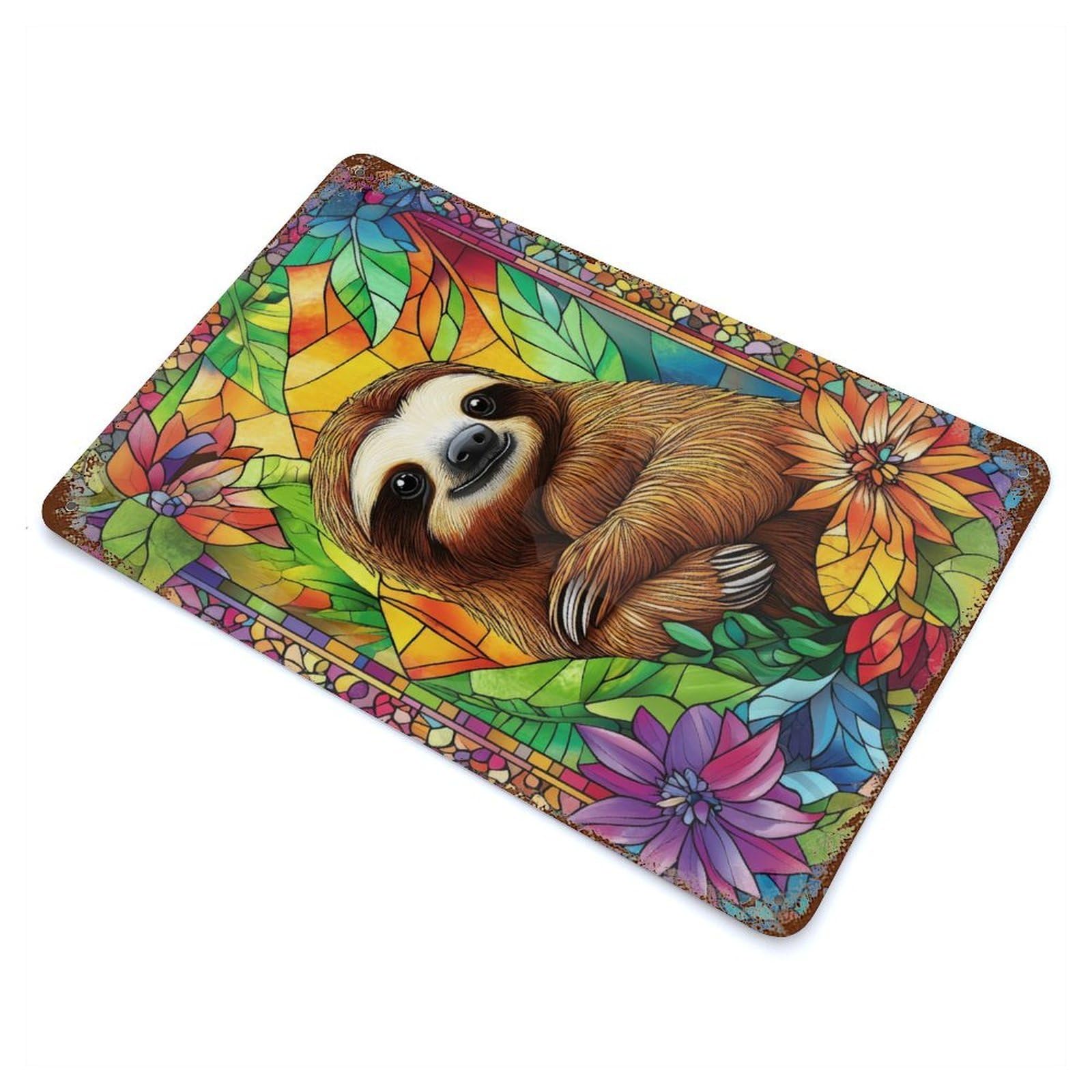 Distressed Metal Wall Sign with Sloth in Stained Glass Design 11.8"x7.9", for Office, Studio And Wall Decor, Industrial Home Decor