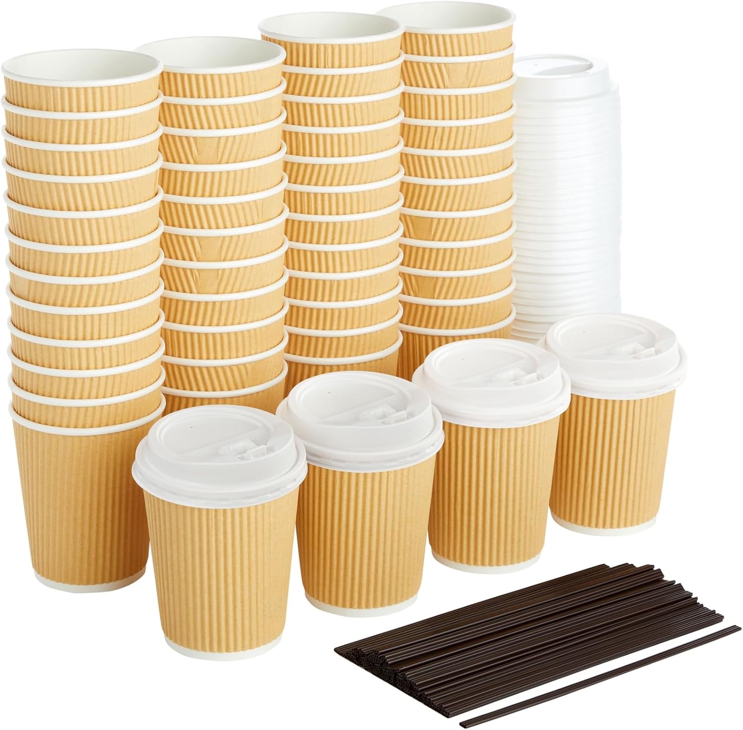 Juvale Disposable Coffee Cups with Lids & Straws - 8-Ounce, Brown Ripple, 50 Count - Insulated Disposable Paper Cups for Hot Coffee & On-the-Go Use - Compostable, No-Wax Lid Design