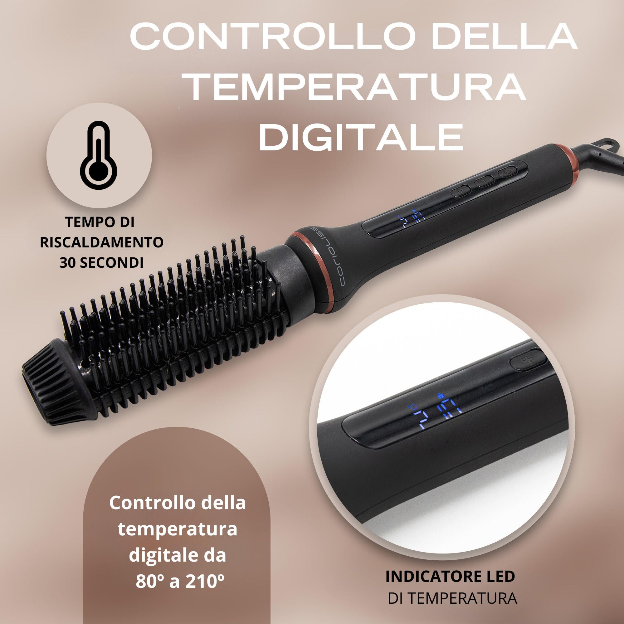 Corioliss Spazzola elettrica per capelli I Hot Brush I anticrespo Controllo della temperatura da 80º a 210º I Ceramica ionica Spegnimento automatico