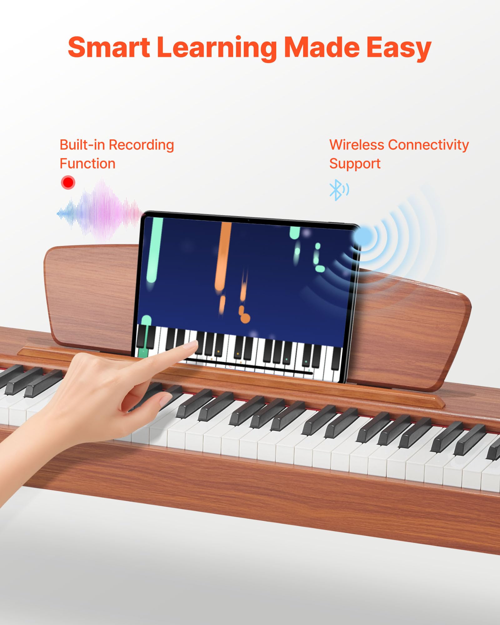 VEVOR Piano Digital de 88 Teclas, con Teclado Dual y Altavoces, con Atril, Pedal Sustain, 280 Tonos, Conexión Inalámbrica, Control Preciso, para Principiantes, Color Madera, 1330 x 300 x 900 mm