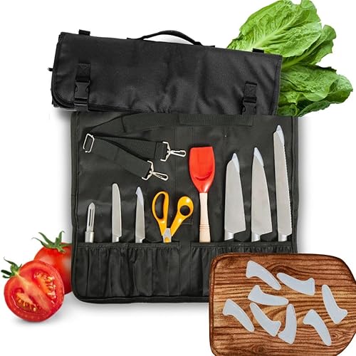 Bolsa enrollable para cuchillos de chef, 15 ranuras con bolsillo para cuchillo de carne más 10 protectores de cuchillos, capacidad para herramientas