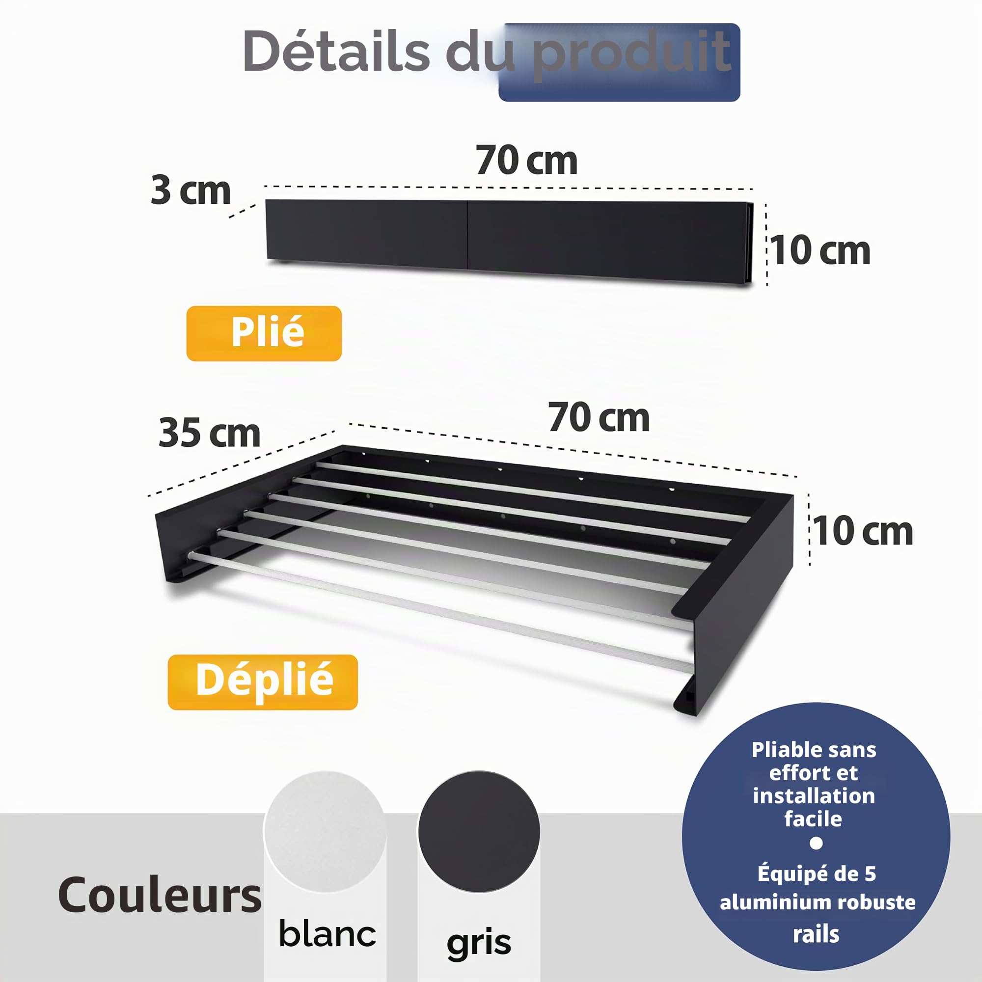 HYK Étendoir à linge mural pliable, capacité de 35 kg, utilisation intérieure et extérieure, facile à installer, étendoir rétractable pour linge, chambre à coucher, jardin (BLANC, 70 cm)