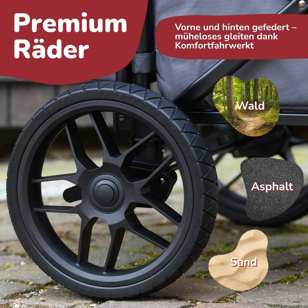 elvent® WagonPro Premium Bollerwagen/Handwagen faltbar mit Dach I 4 Sitzplätze | groß I Sitzpolster, Hecktasche, Off-Road-Reifen, Feststellbremse, 5-Punkt-Gurt I für 4 Kinder (Blau)