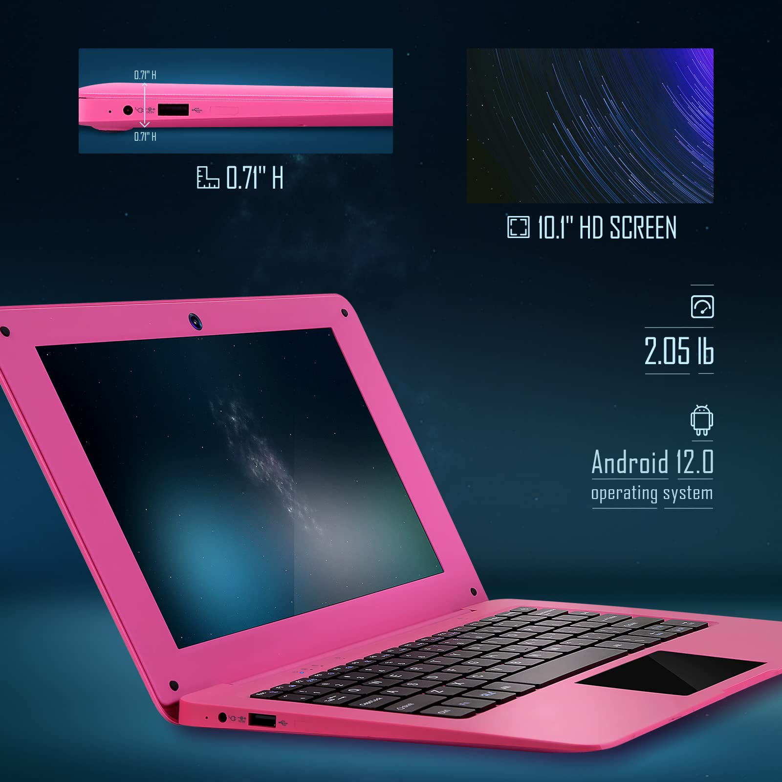 Laptop Computer(10.1 inch), Quad Core Powered by Android 12.0, Netbook Computer with WiFi, Webcam and Bluetooth, Mini Laptop with Bag, Mouse, and Mouse Pad for Kids and Adults（Pink） — view 2