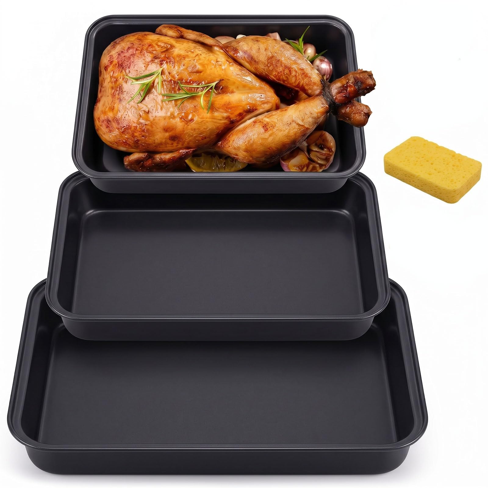 3PCS Baking Trays for Oven Non Stick –3 Size Carbon Steel Deep Cooking Tray