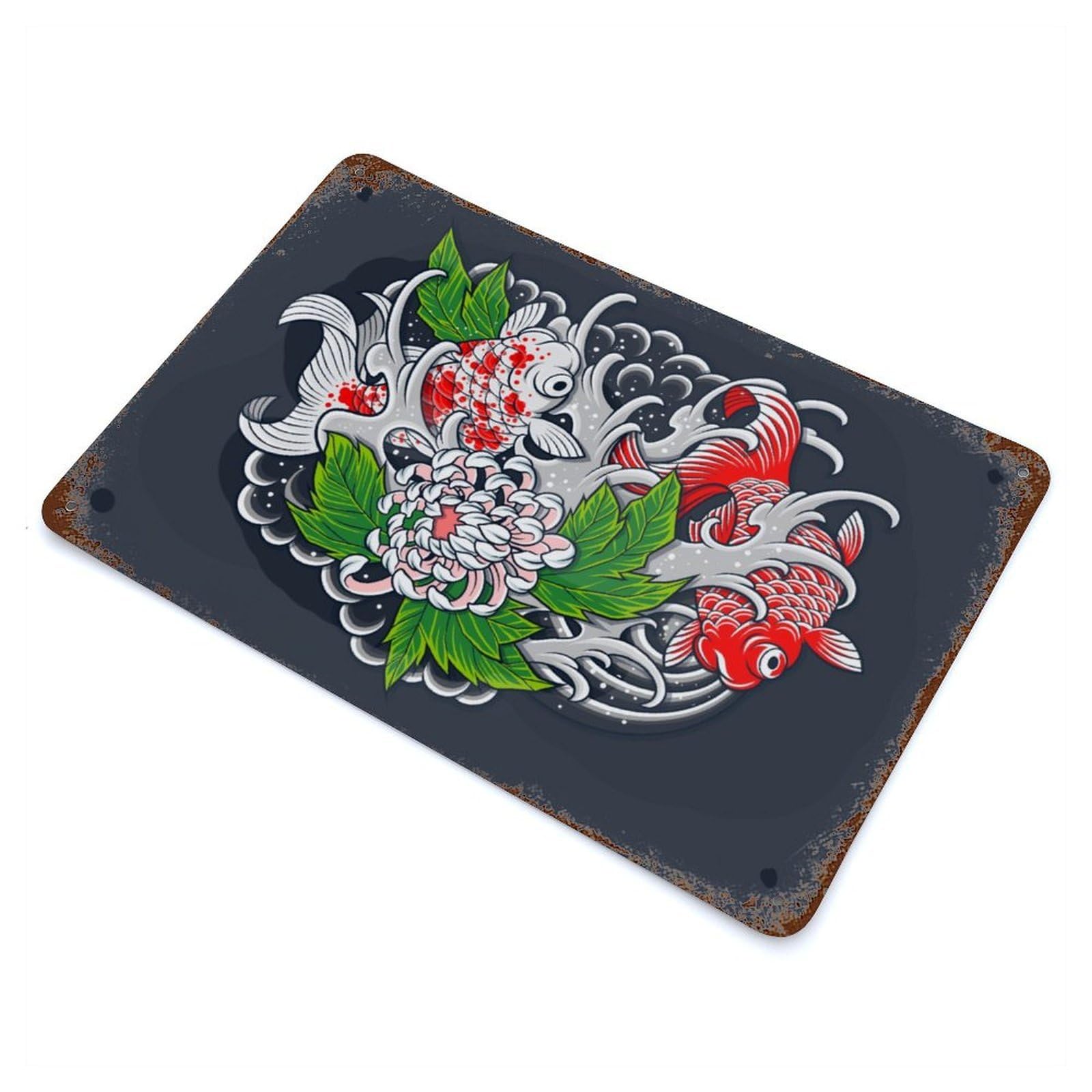 Japanese Koi Fish 11.8"x7.9" Vintage Rust Metal Sign, Decorative Metal Wall Art for Living Room, Hallway And Home Decor