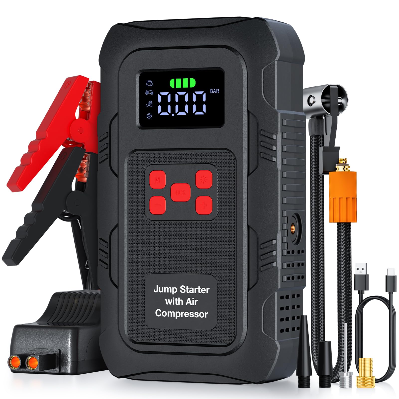 Povasee 150PSI Starthilfe Powerbank für Pkw mit Kompressor, 6000A Auto Starter Powerbank (bis zu 10L Benzin/8L Diesel) mit Kfz Luftpumpe, Batterie Booster Jump Starter mit Starthilfekabel, LED