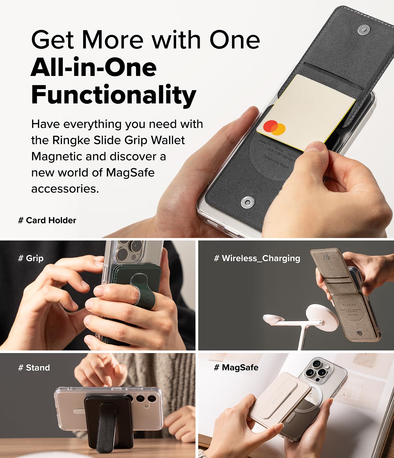 Ringke Slide Grip Wallet Magnetic, Porta Carte Magnetiche in pelle PU con Funzione di Impugnatura Regolabile e Compatibile con Custodie Magnetiche per Telefono - Black