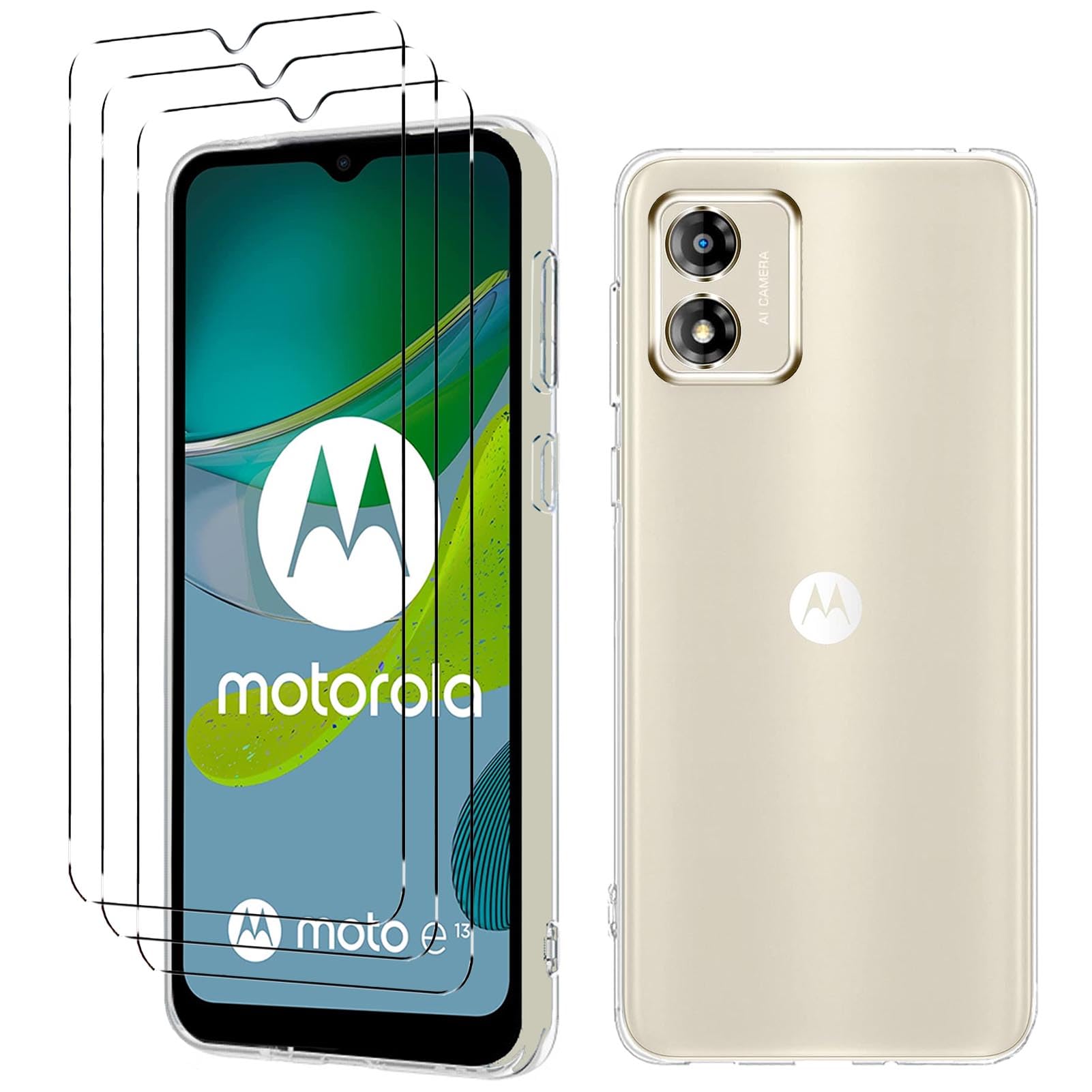 YNMEacc Cover per Motorola Moto E13 con 3 Pezzi Vetro Temperato, Trasparente e AntiGraffio cover Motorola E13, Morbida Silicone Antiurto Custodia Motorola Moto E13
