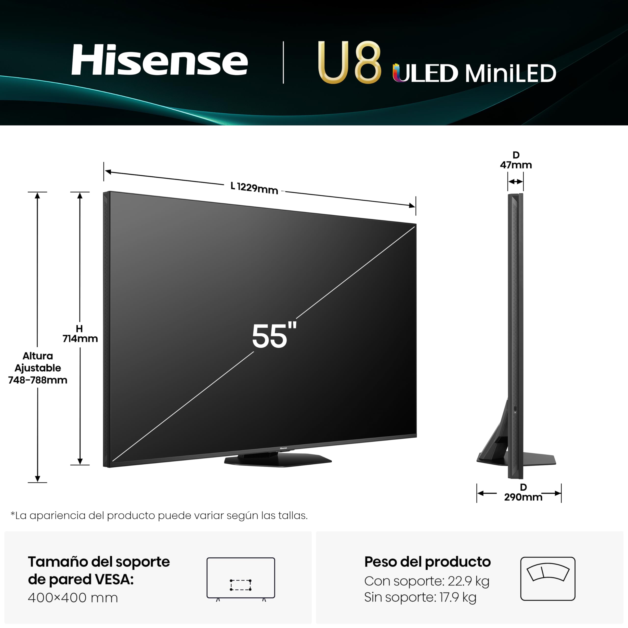 Hisense 55U8Q - Mini LED Pro Smart TV 55 Pulgadas, Procesador Hi-View IA Pro, 4.1.2 Sonido multicanal, Modo Juego Ultra 165Hz, Antireflejos Pro, Full Array Local Dimming, Dolby Vision IQ, Dolby Atmos