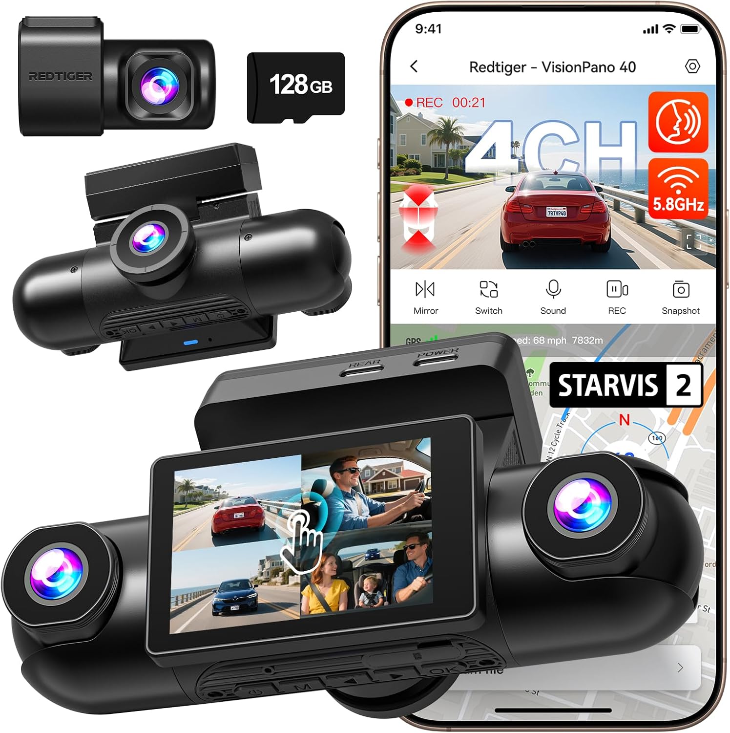 REDTIGER 4 Channel 360° View Dash Cam, Dual STARVIS 2, 2.5K*2+1080P*2 Dashcam Front and Rear Inside Left Right, 5.8GHz WiFi, 8 IR Lights Night Vision, 4 Adjustable Lenses, Included 128GB Card (VP40)