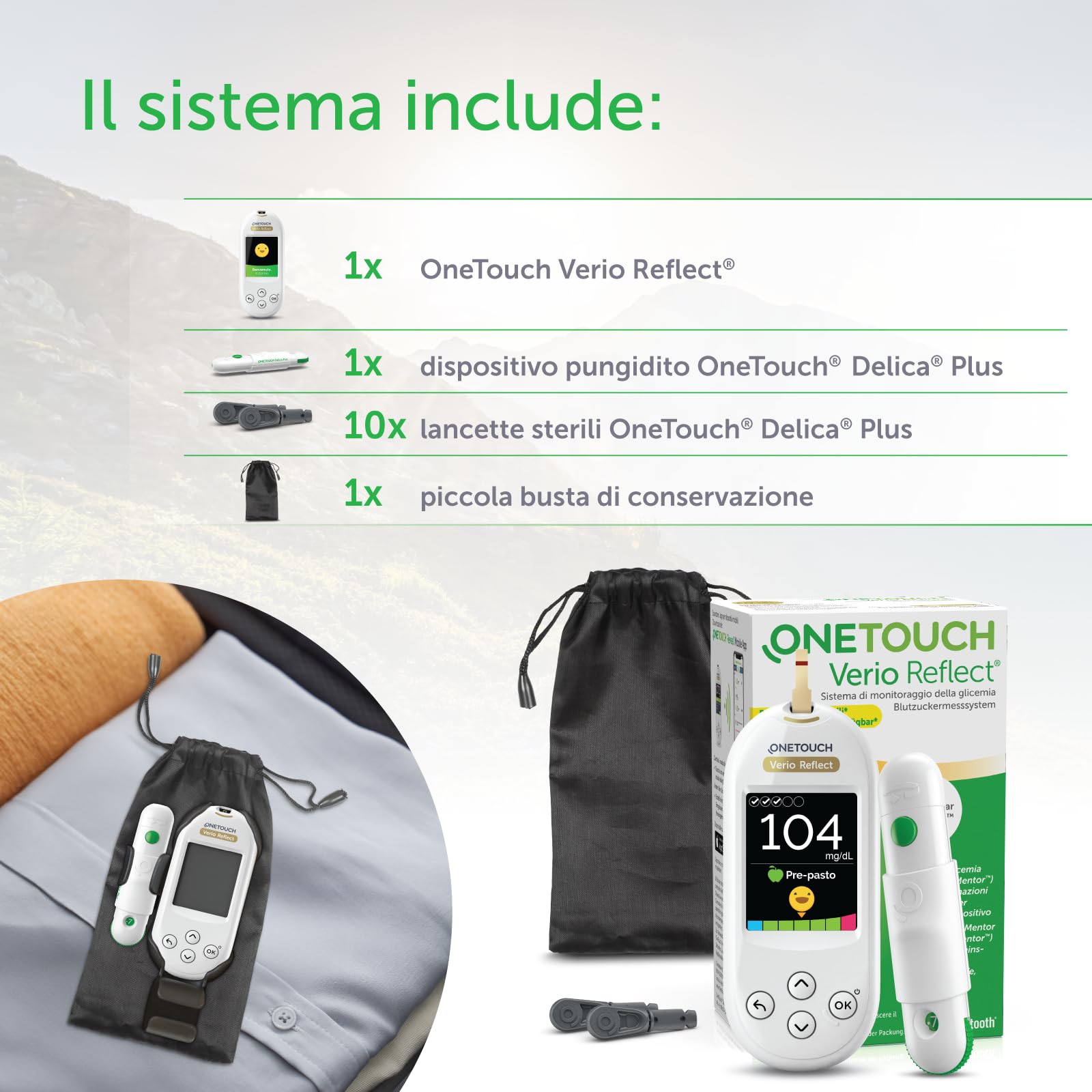 OneTouch Verio Reflect® Glucometro | Sistema per l‘automonitoraggio della glicemia | contiene 1 glucometro, 1 dispositivo pungidito, 10 lancette sterili