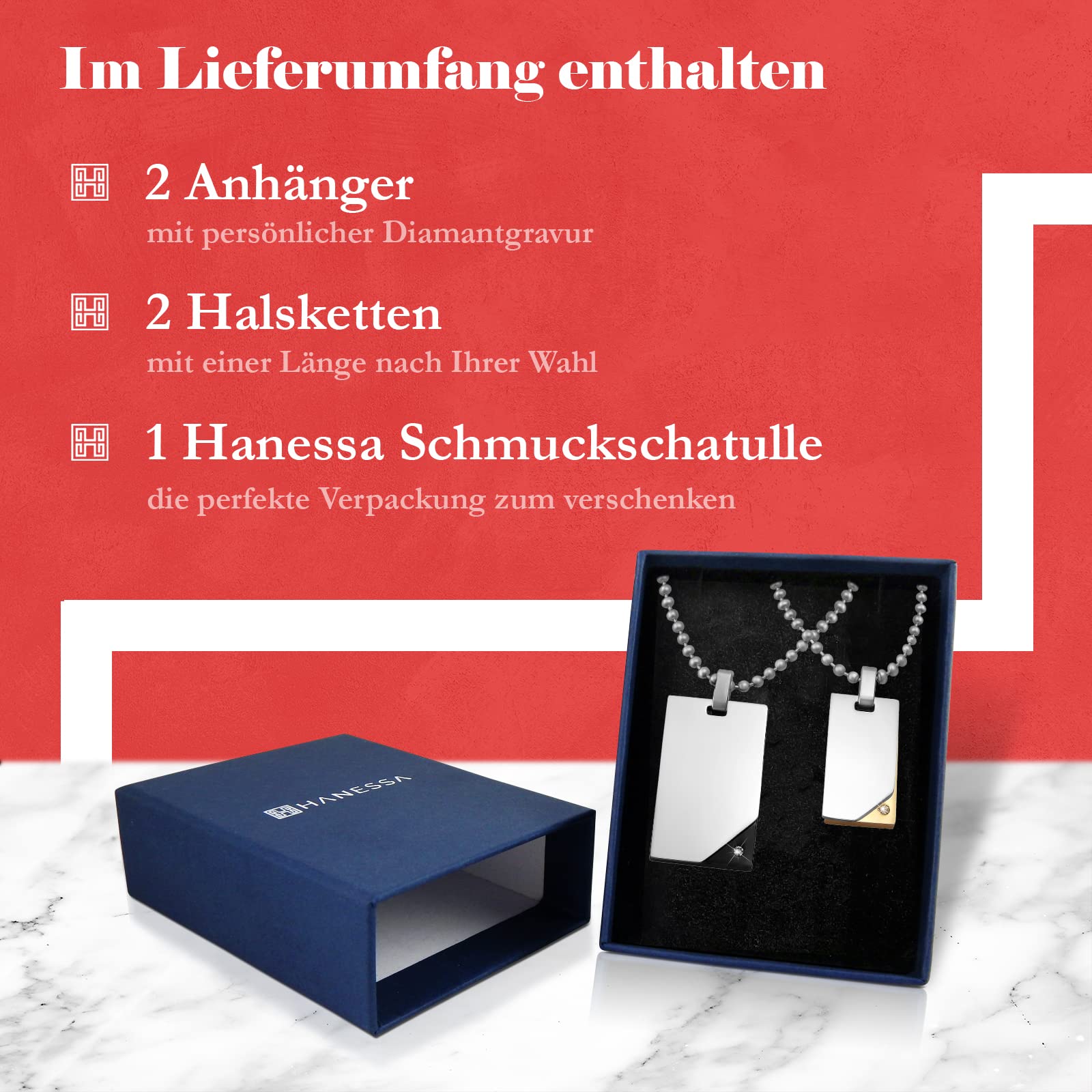 2 Stück Personalisierte Kette mit Gravur Edelstahl 50 und 60 cm mit Anhänger Dog Tag mit Stein in silber schwarz gold - Personalisierte Geschenke für Damen Herren Freundin Freund
