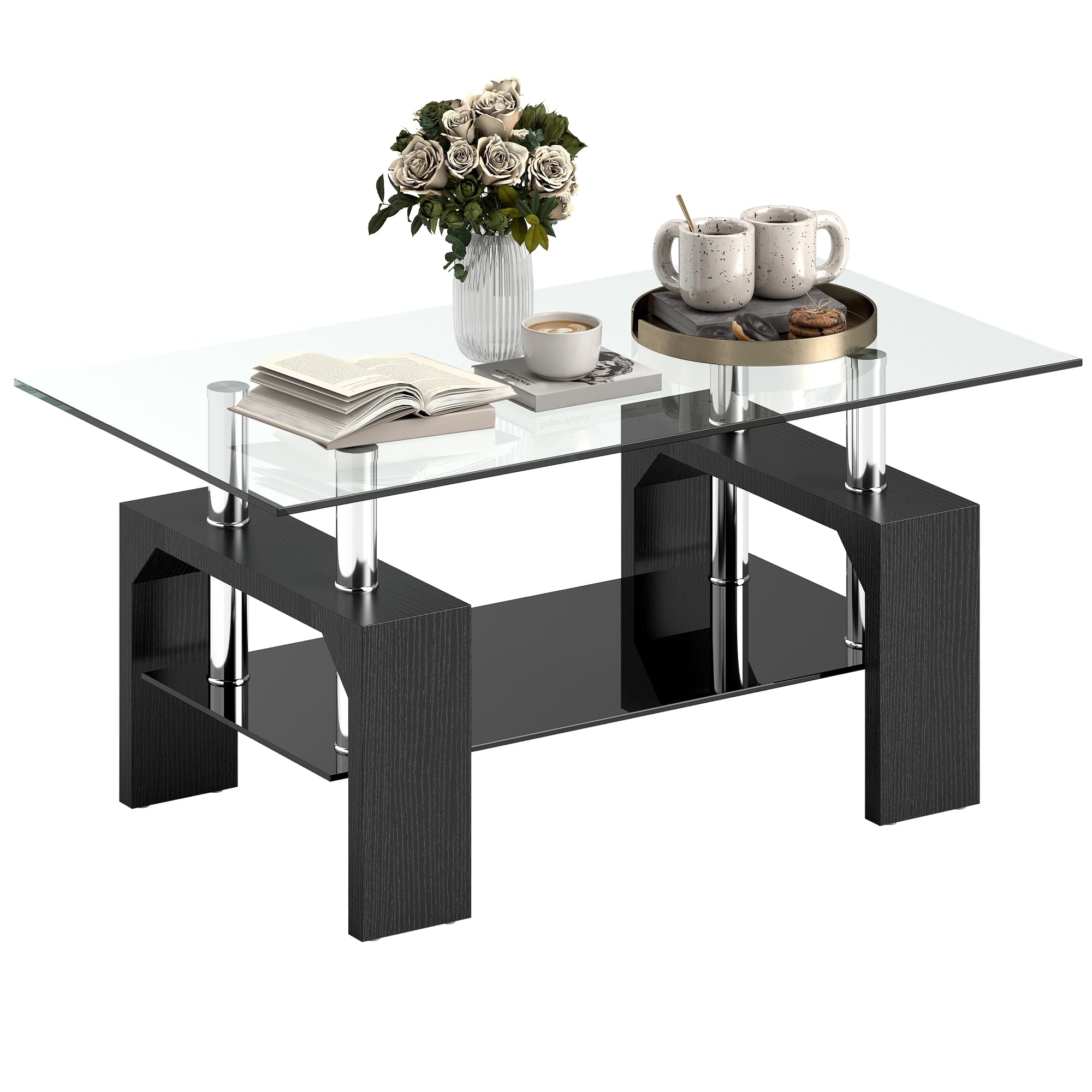 HOMCOM Mesa de café Moderna 2 Niveles Madera y Acero, 90x50x42 cm, Negro