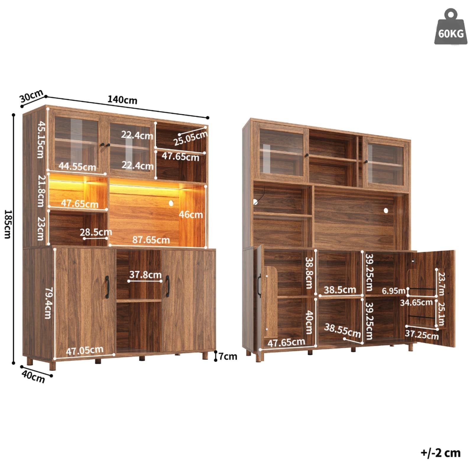 Buffet Haut de Cuisine,Armoire de Salon Moderne,Buffet Salle a Manger,Meuble de Rangemen avec étagères réglables et éclairage LED,2 Portes coulissante en Verre,140x40x185cm (Marron Noyer)