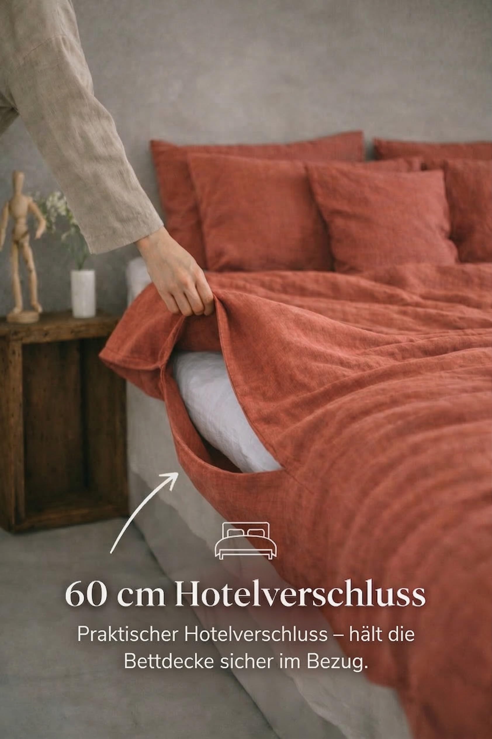 Zestaw lnianej pościeli w 100% z naturalnego lnu, z naturalnym włóknem lnianym, z zamknięciem hotelowym (nasycone kolory cegły, 80 x 80 cm)