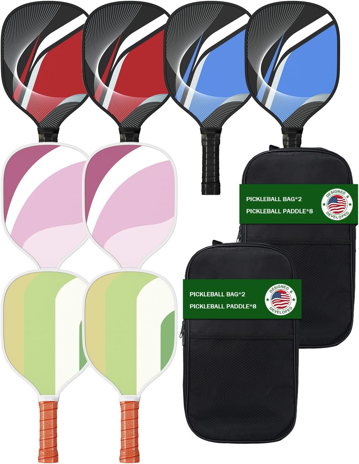 8 Pcs Pickleball Paddles Set of 8 with 2 Carry Bags | 9-Ply Poplar & Carbon Fiber Composite USAPA Approved Paddles | Ideal for Family, Club, Training & Gifts