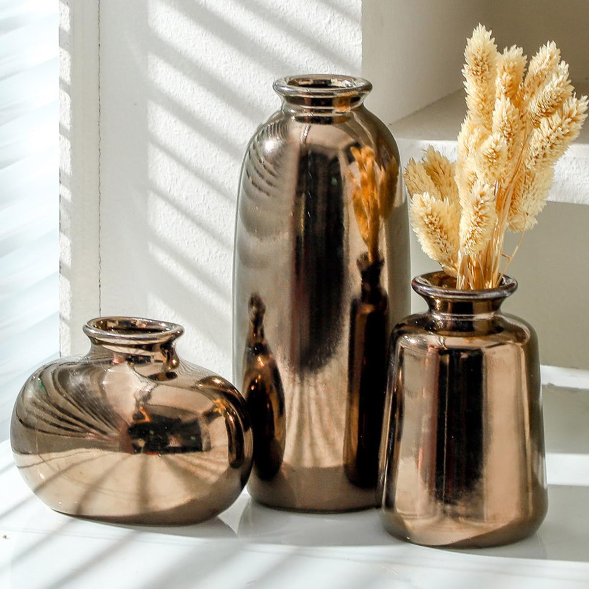 Ceramic Vase Set of 3,Brown Modern Farmhouse Pottery Vases, Neutral Rustic Vases for Pampas Grass, Dried & Fresh Flowers - Ideal for Bedroom, Living