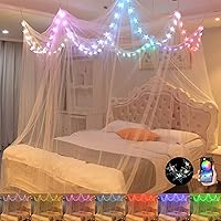 Vista 12 de Comtelek Dosel de Cama de 8 Esquinas con 100 Luces LED de Cadena de Estrellas Operadas por Batería, Red de Cama Estilo Único de 4 Puertas Cortinas