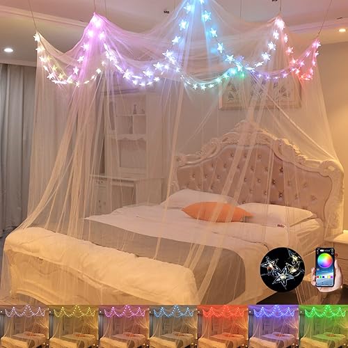 Bed Canopy with LED Star Lights, Canopy Bed Curtain with RGB Color Changing String Lights with Smart App Control Remote for Princess Girls Bedroom, Suggested for Twin Full Queen King Bed - Rgb White