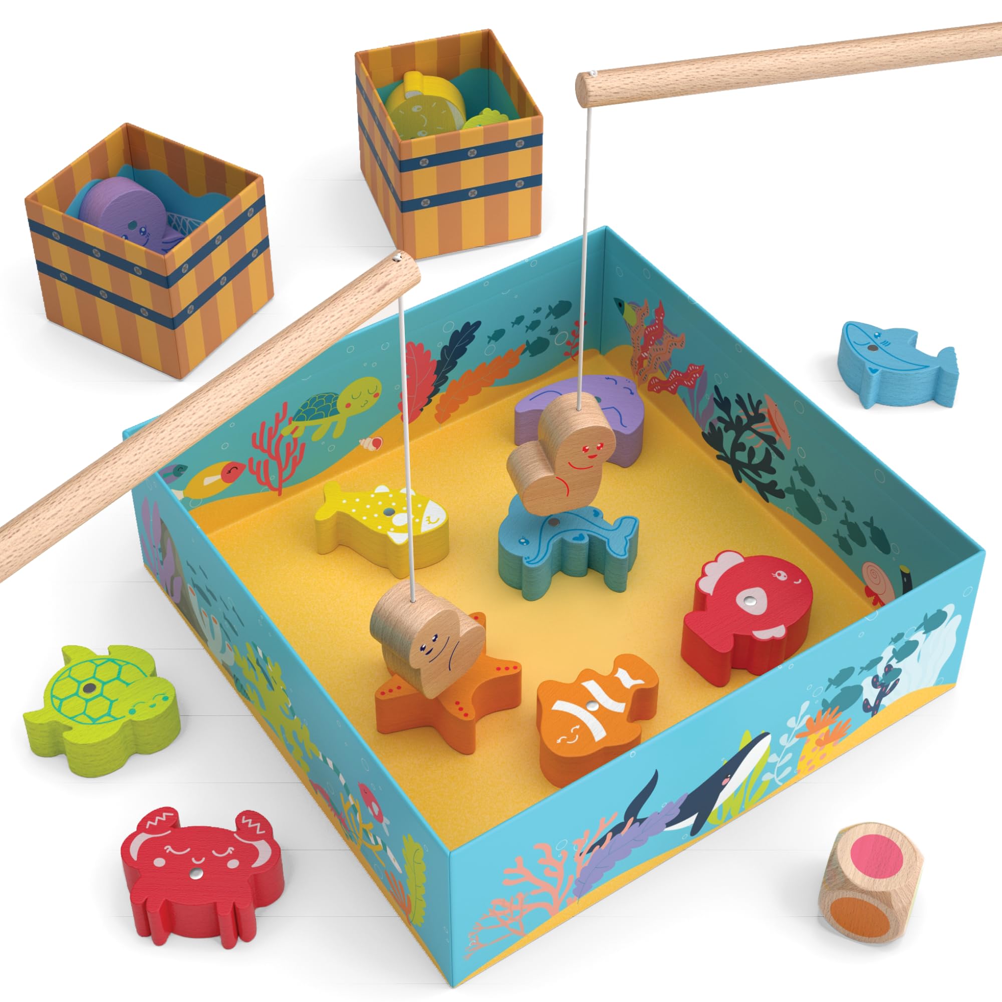 Merle Toys Gioco Di Pesca Magnetico In Legno Per Bambini 2-4 Anni – Con 12 Animali Marini E 2 Canne – Giocattolo Educativo Montessori - 2