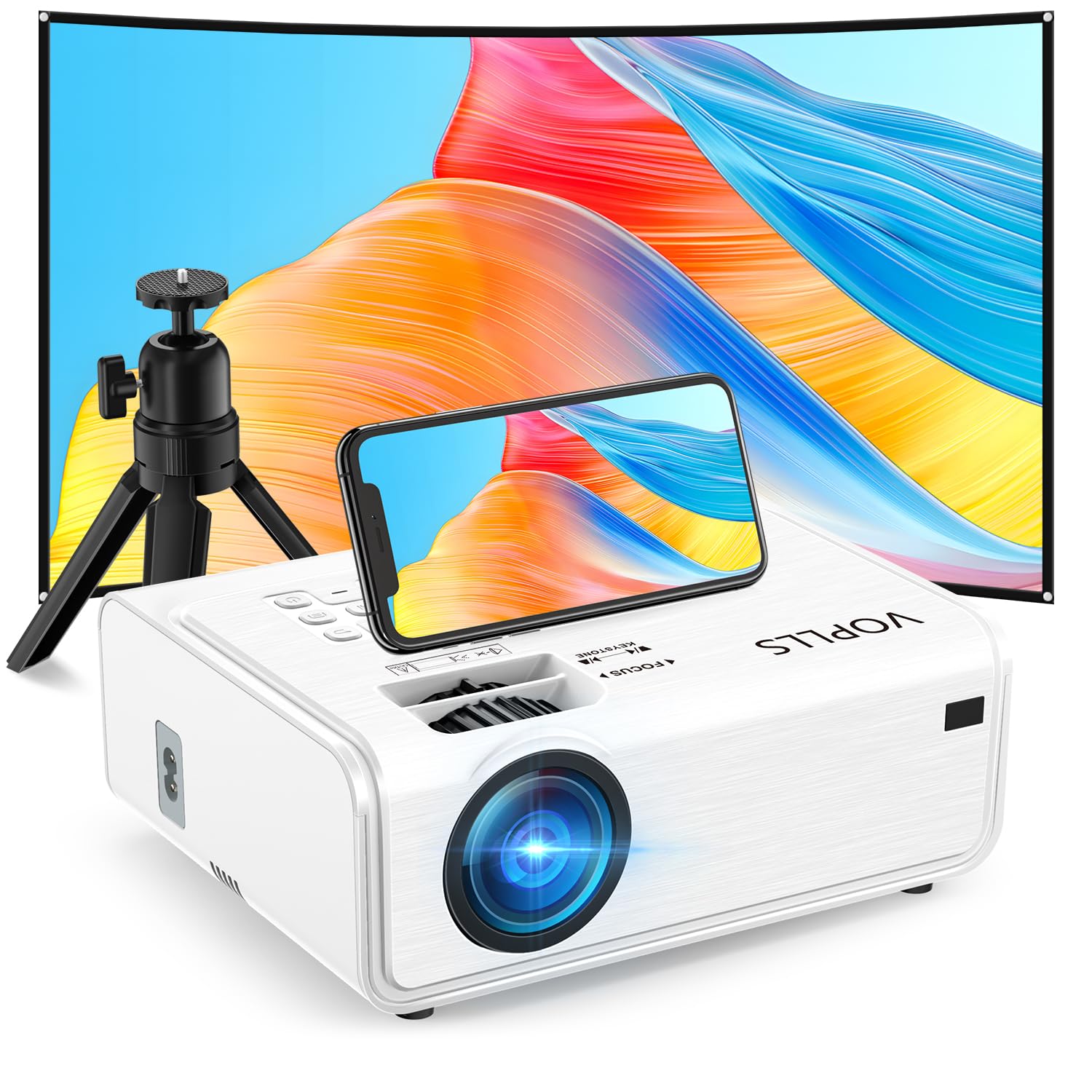 Mini Beamer【Autofokus/Trapezkorrektur】 Projektor 1080P Full HD 20000L WiFi6 Bluetooth 4K Unterstützt, VOPLLS Beamer Klein Heimkino 360° Drehbar Projector für Handy