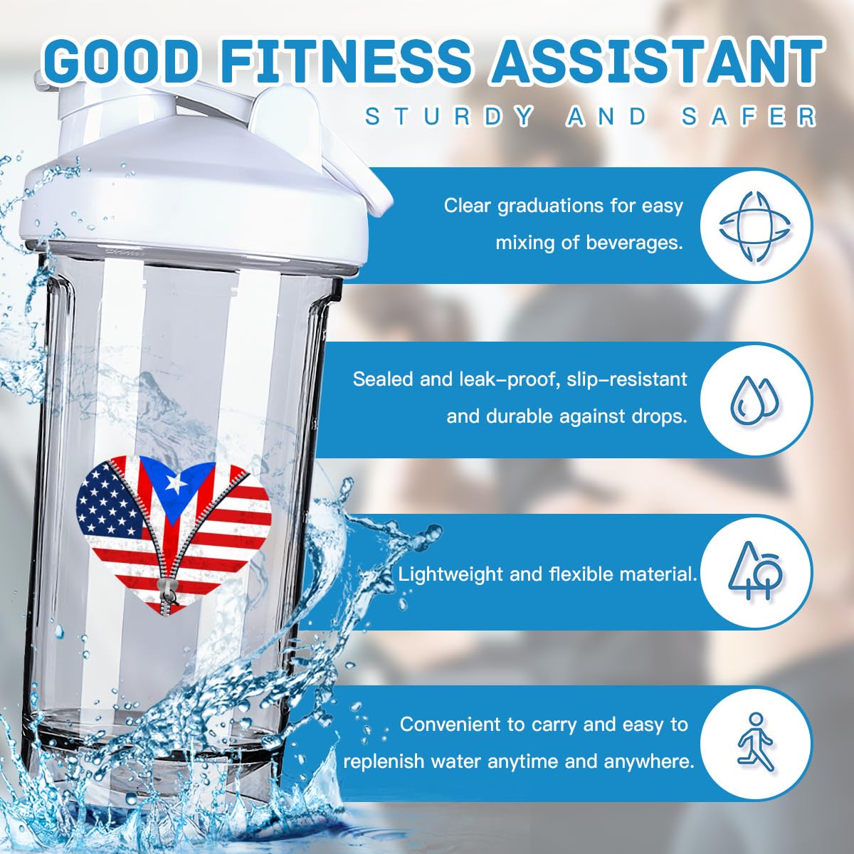 Heart America Flag and Porto Rico Flag 18 Ounce Shaker Cup,Fashion Theme Pattern Shaker Bottle Leak-proof Workout Shake Bottles 500ML/18 oz Perfect for Pre Workout