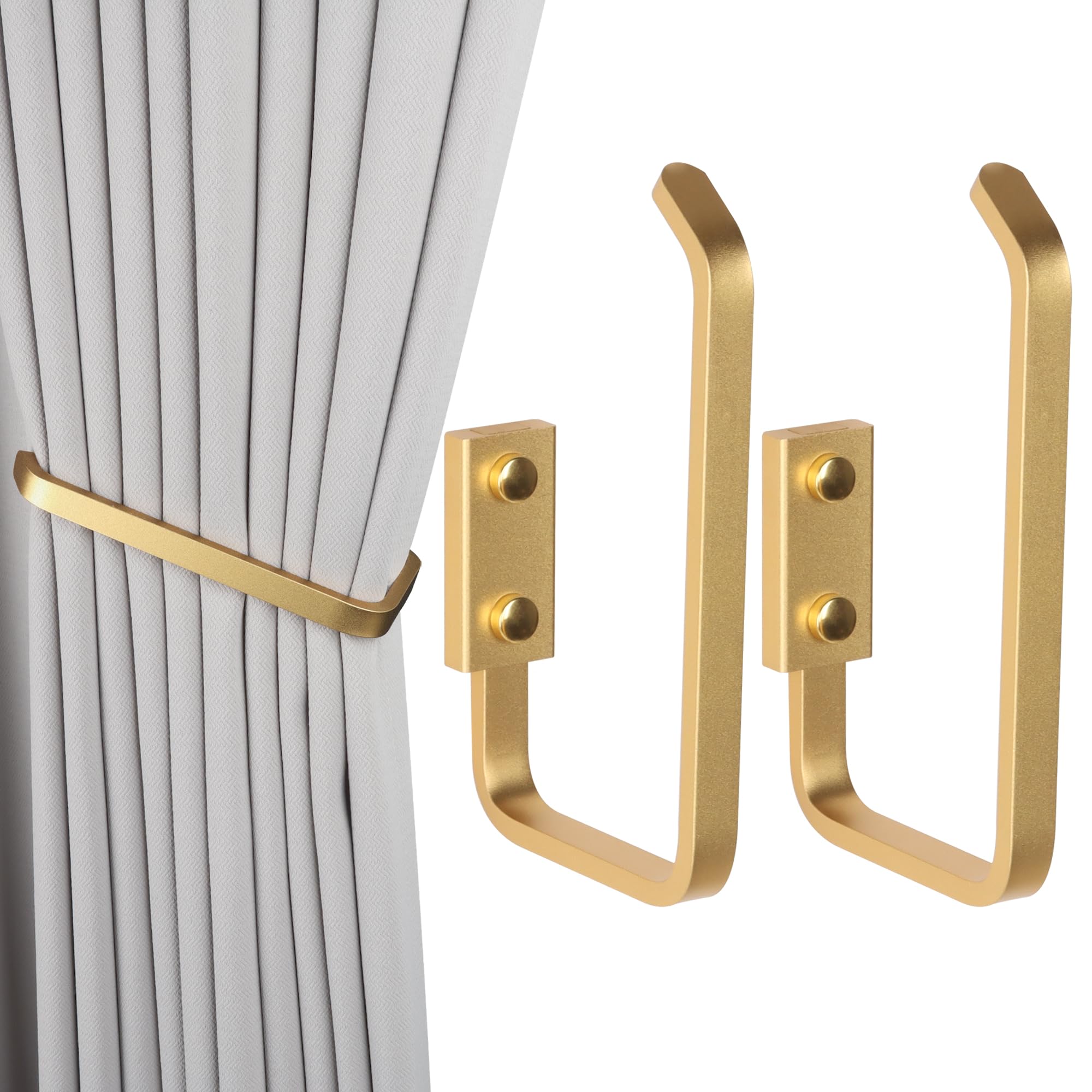 Groleca Set of 2 Modern Decorative Curtain Tiebacks and Holdbacks, Wall Mounted Aluminum Alloy Drapery Tiebacks Holder for Bedroom, Living Room, Kitchen Includes Screws (2, Gold)