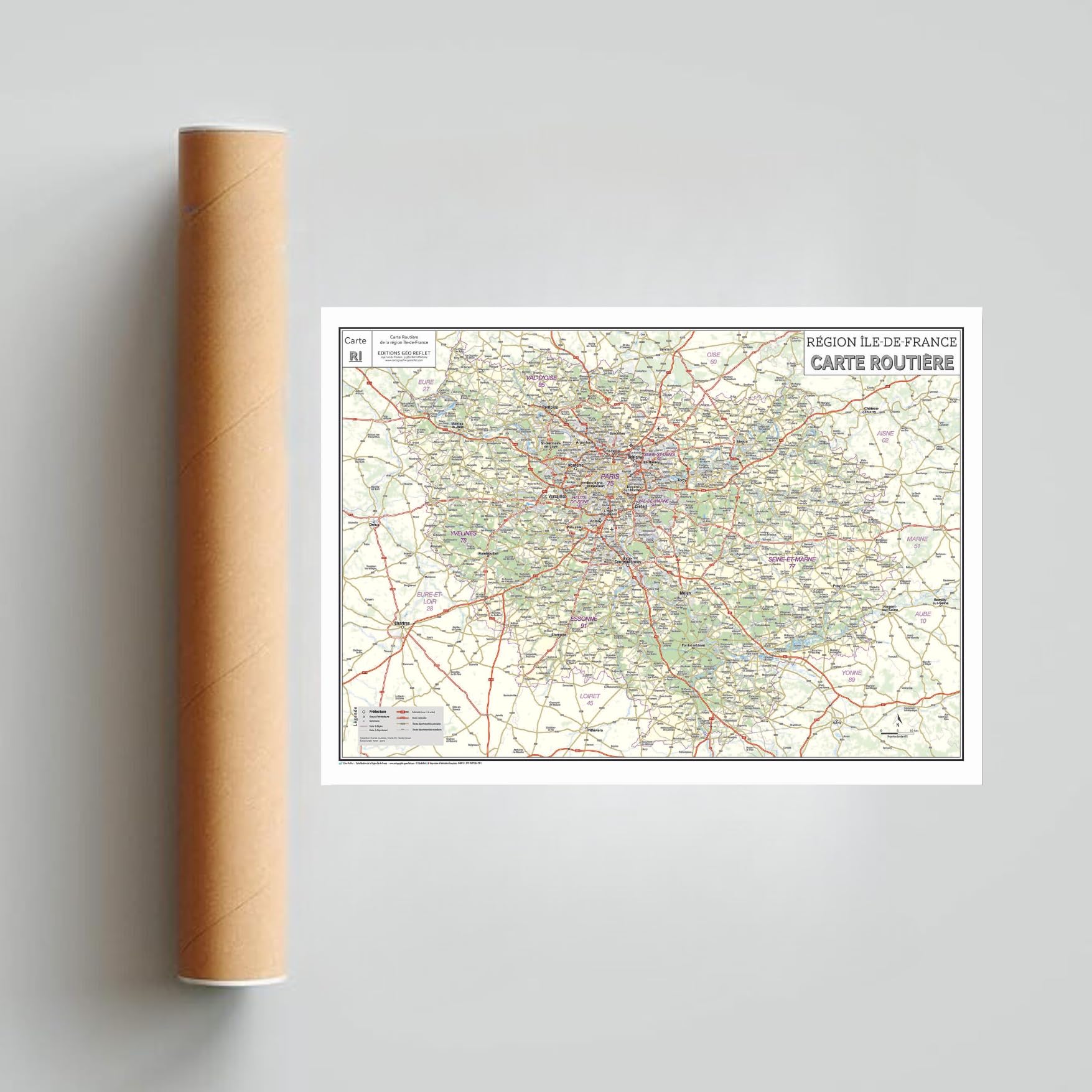 Carte routière de la région Île-de-France - Poster plastifié 120x85cm - Édition 2026