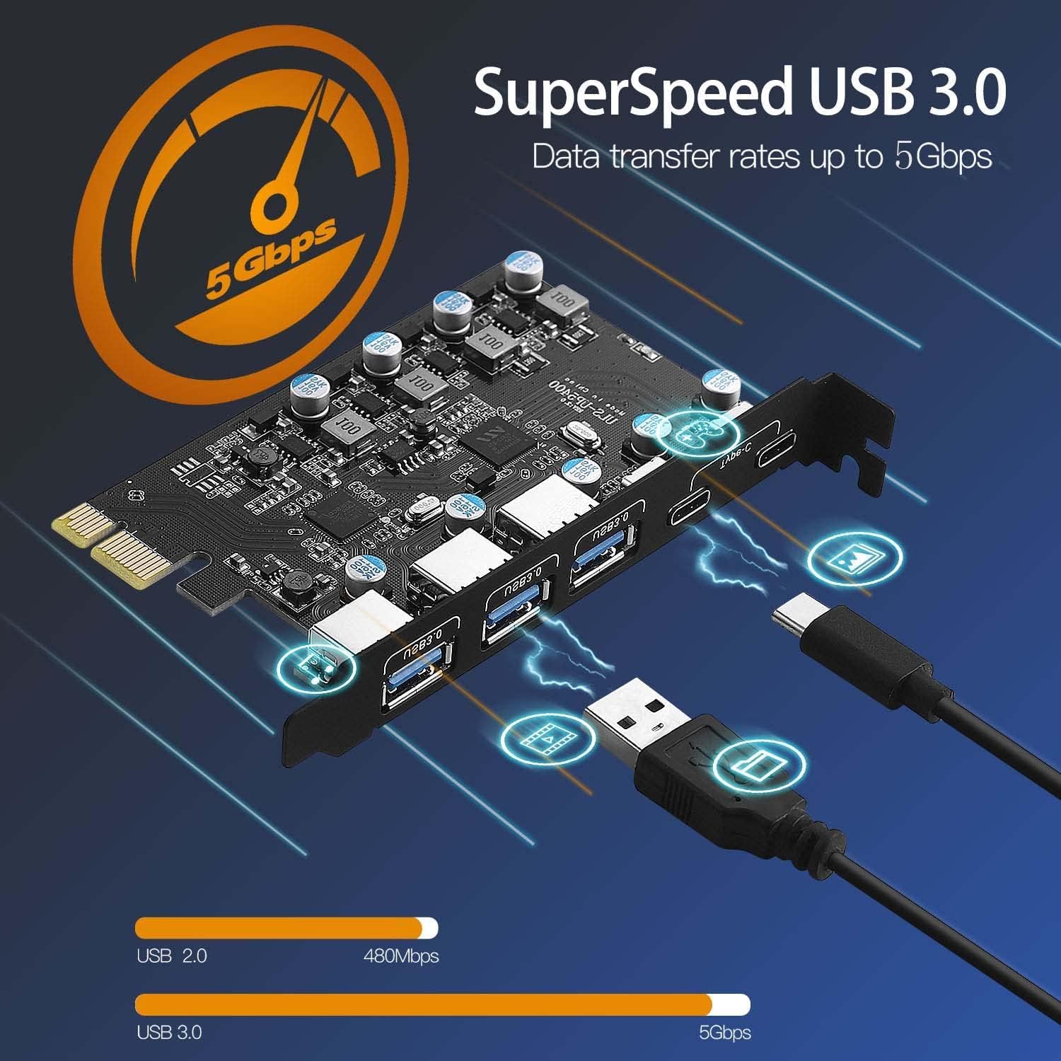 Karta USB C PCIe 5 portów, zasilacz 25 W, karta rozszerzeń USB 3.0 5 Gb/s PCI Express (3 porty typu A i 2 typu C), szybkie ładowanie dla komputerów stacjonarnych
