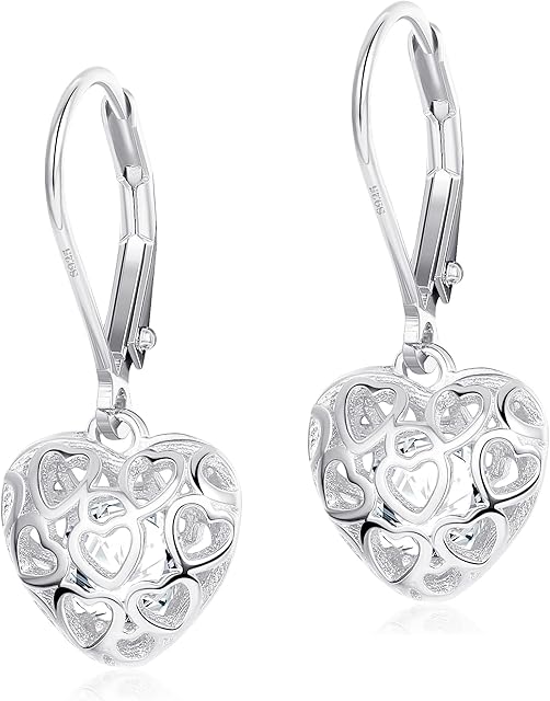 YADOCA 925 Sterling Silver Heart Earrings for Women Girls Hollow Shaped CZ Leverback Hypoallergenic Earrings Dangle Drop Earrings